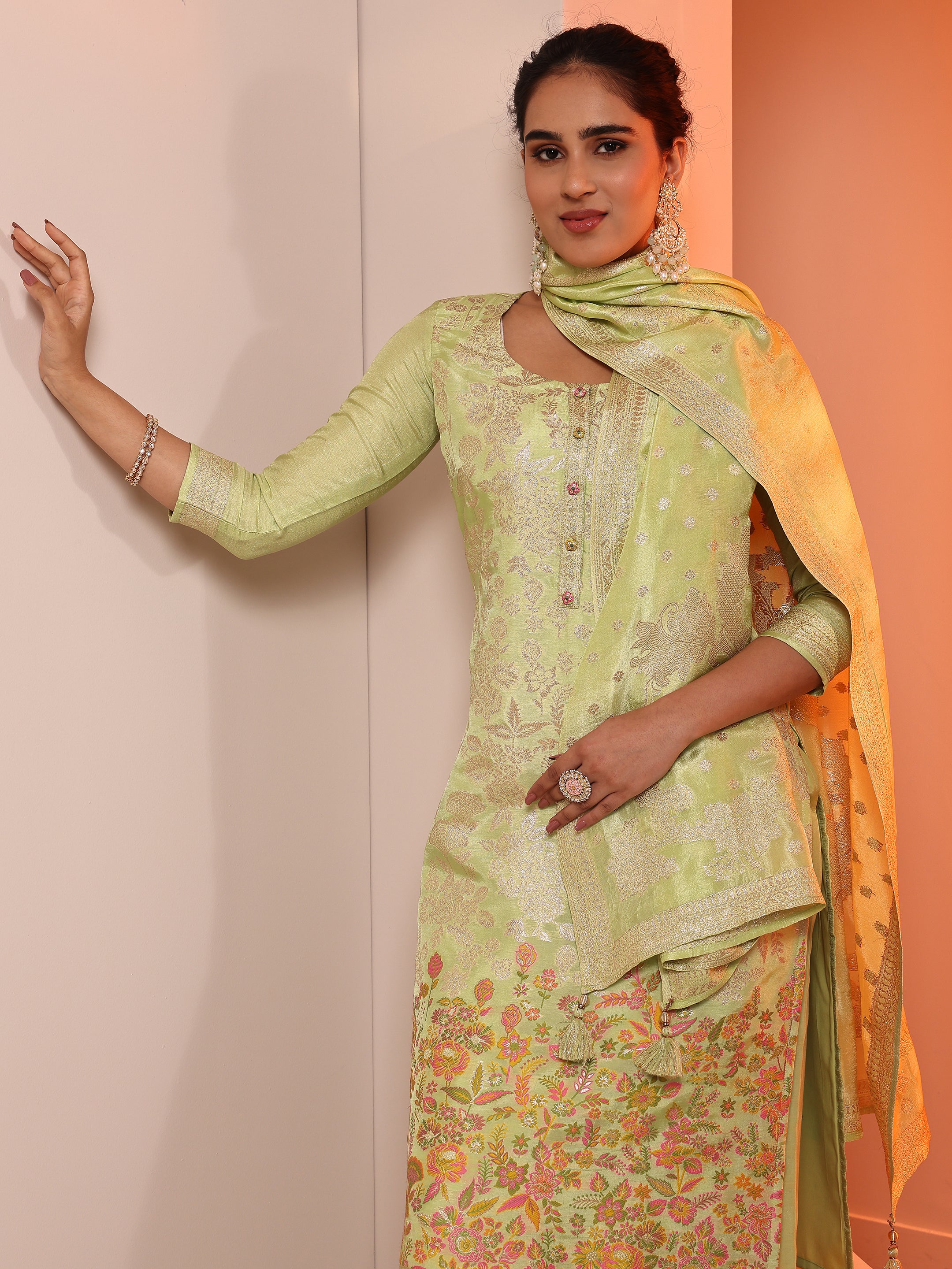 libas Green Woven Design Silk Blend Straight Suit Set With Dupatta-picture-12