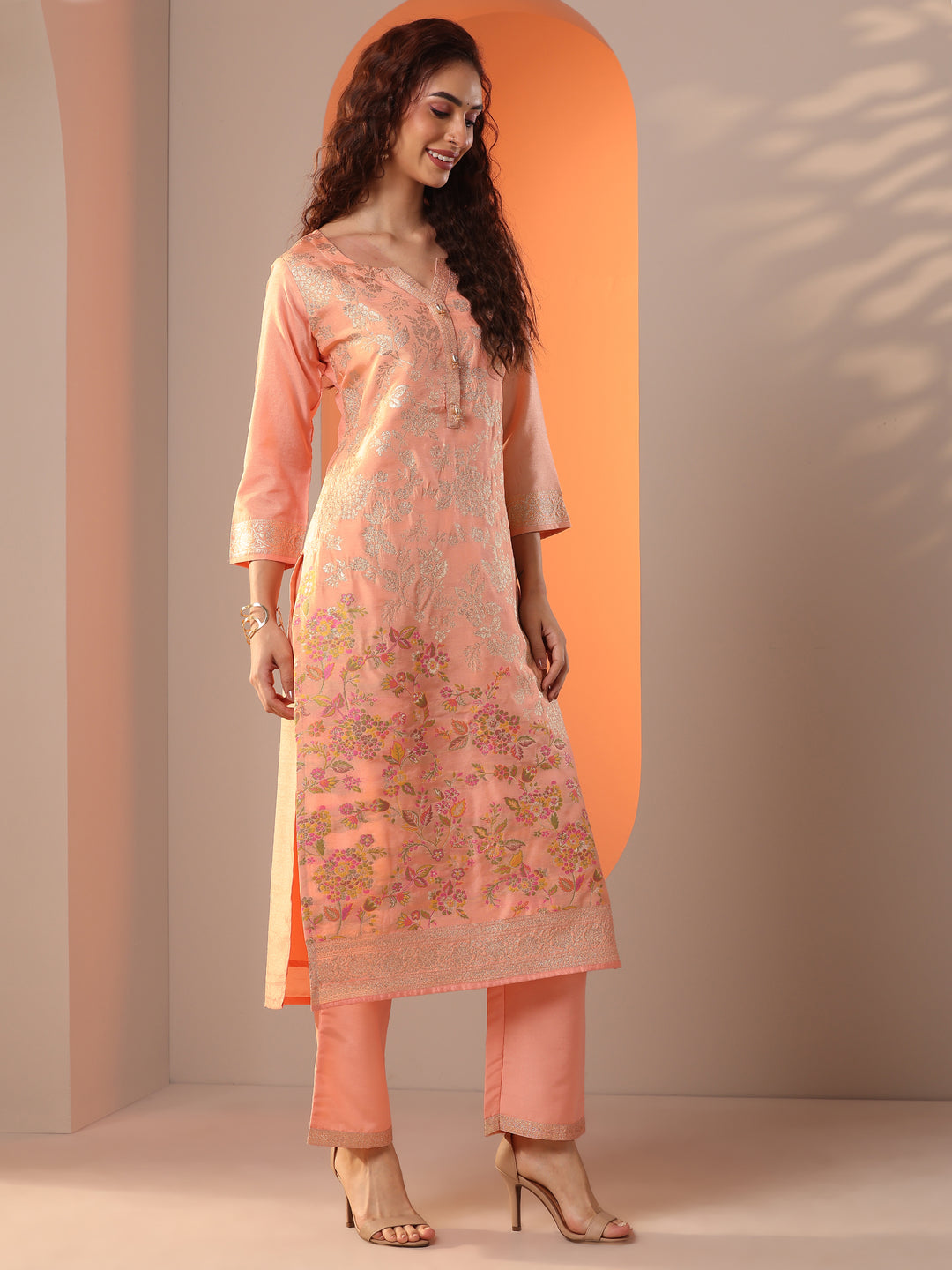  Peach Woven Design Silk Blend Straight Suit Set With Dupatta 