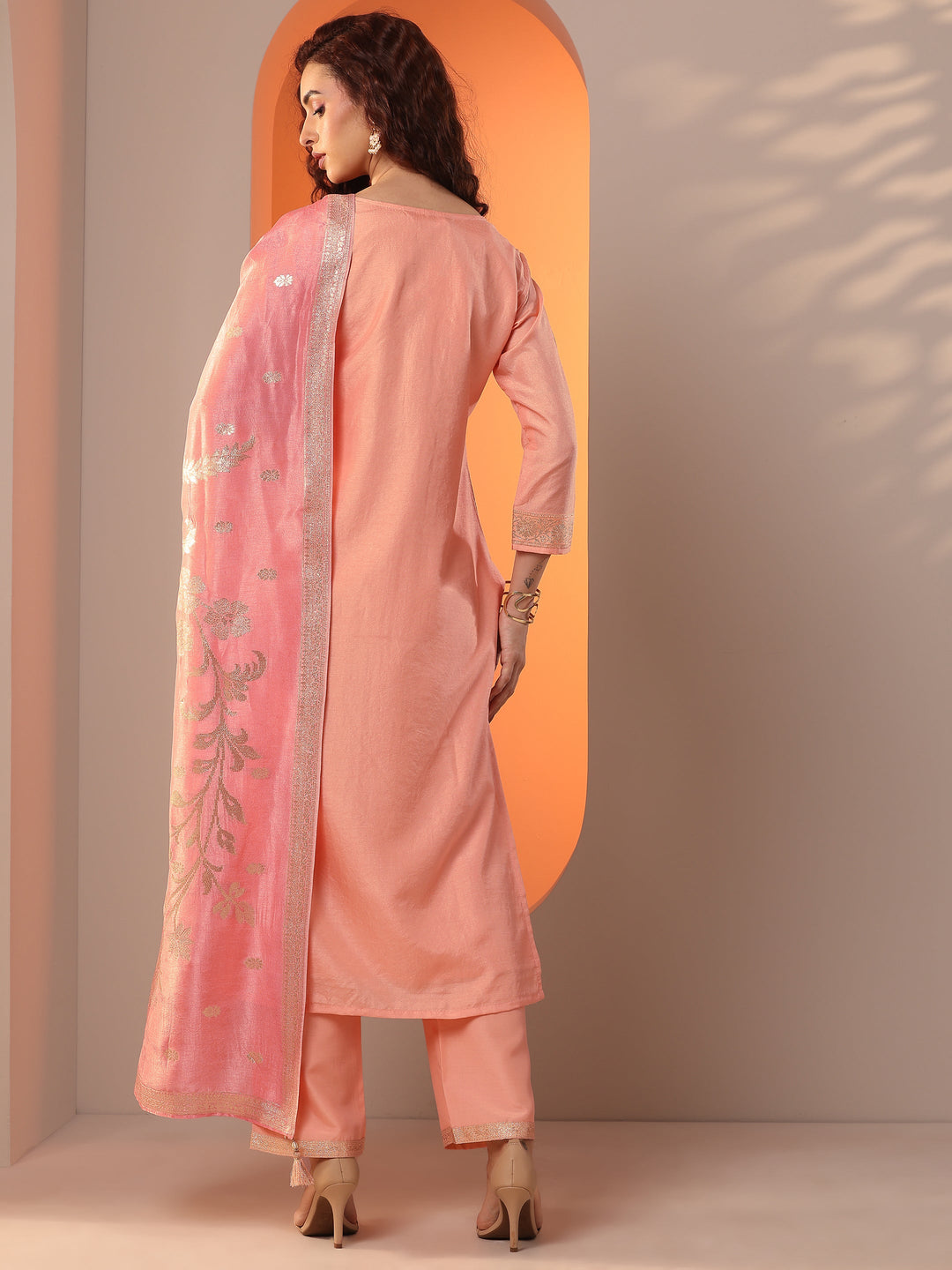  Peach Woven Design Silk Blend Straight Suit Set With Dupatta 