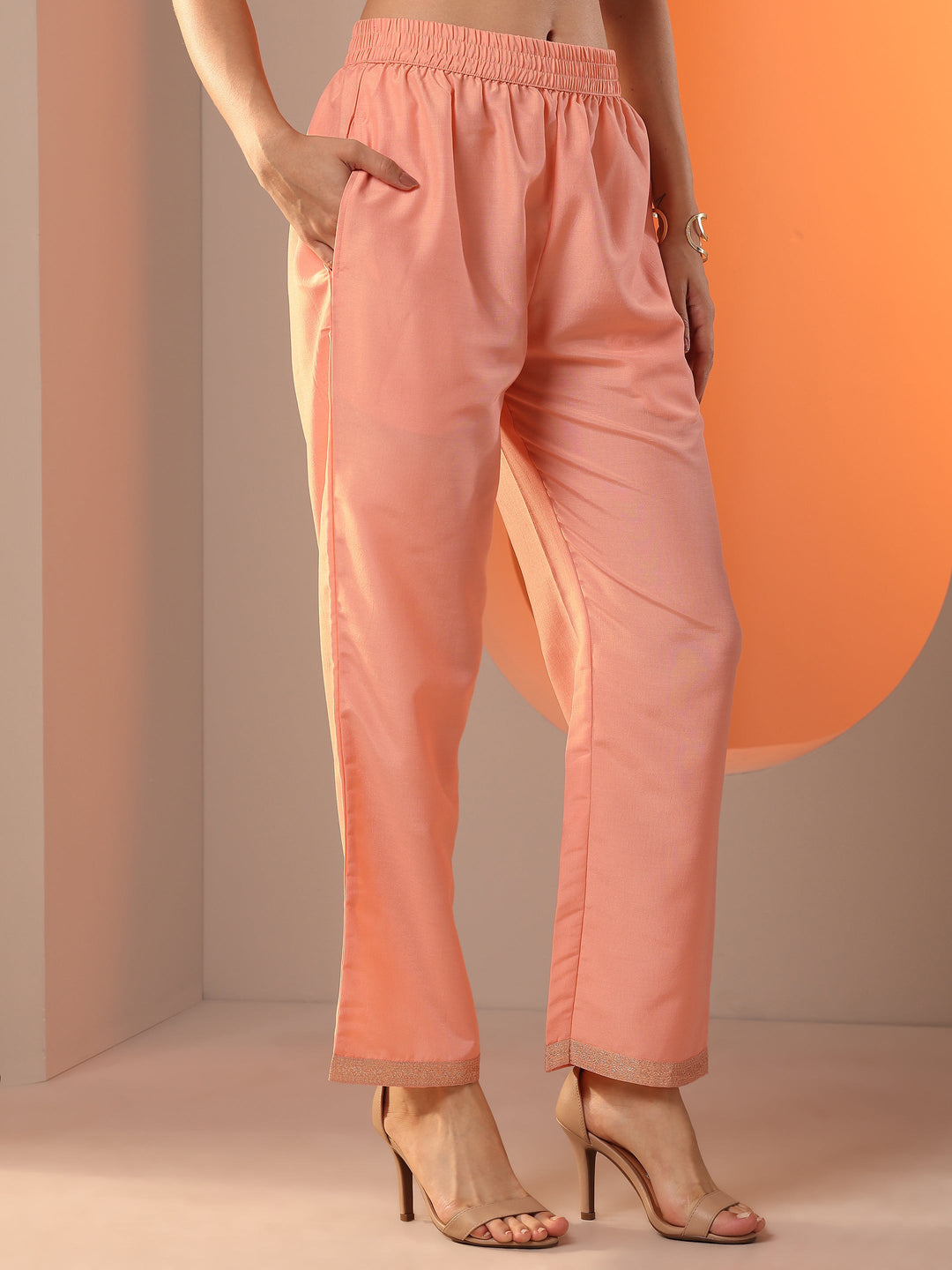  Peach Woven Design Silk Blend Straight Suit Set With Dupatta 