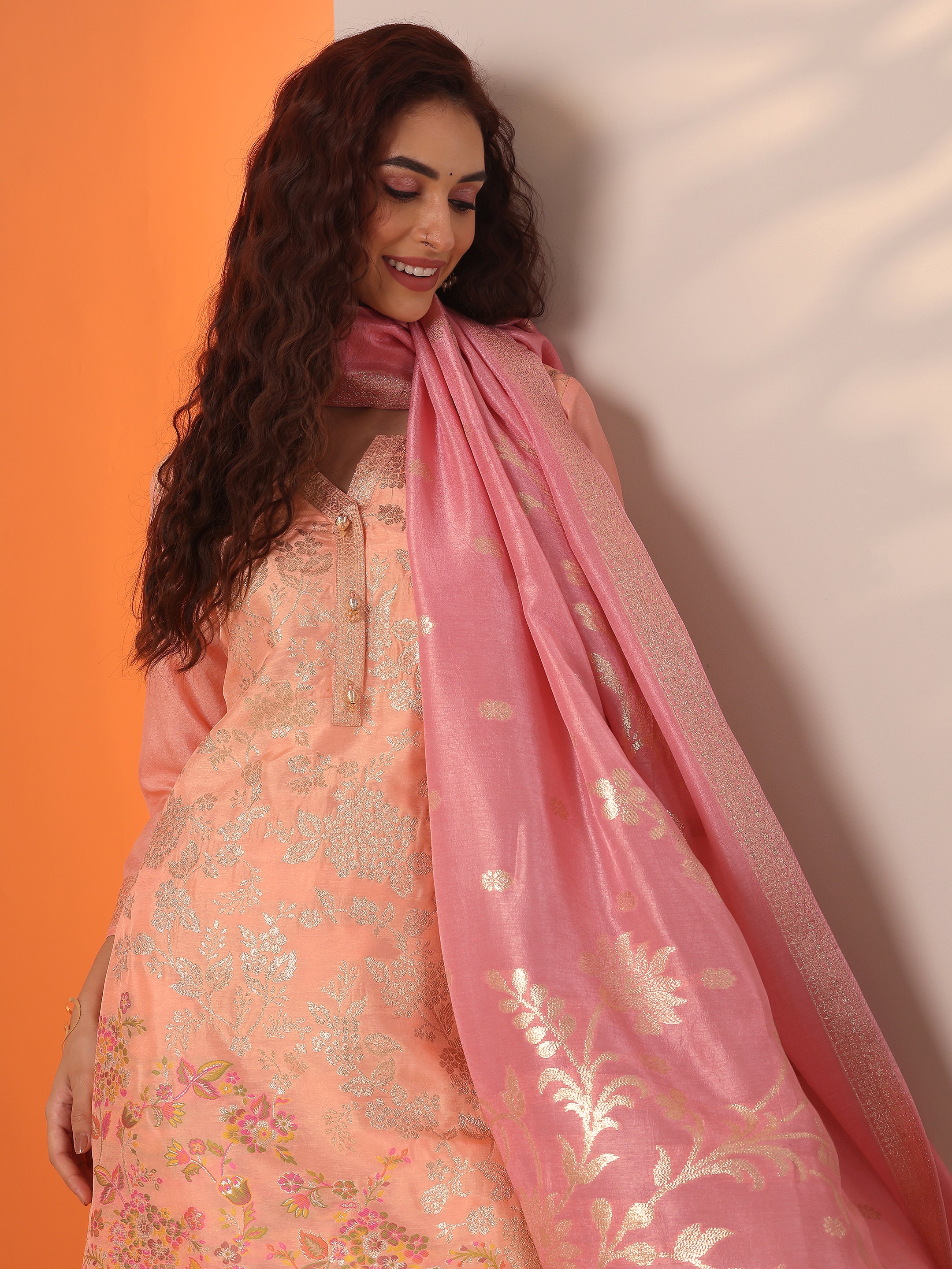 libas Peach Woven Design Silk Blend Straight Suit Set With Dupatta-picture-53