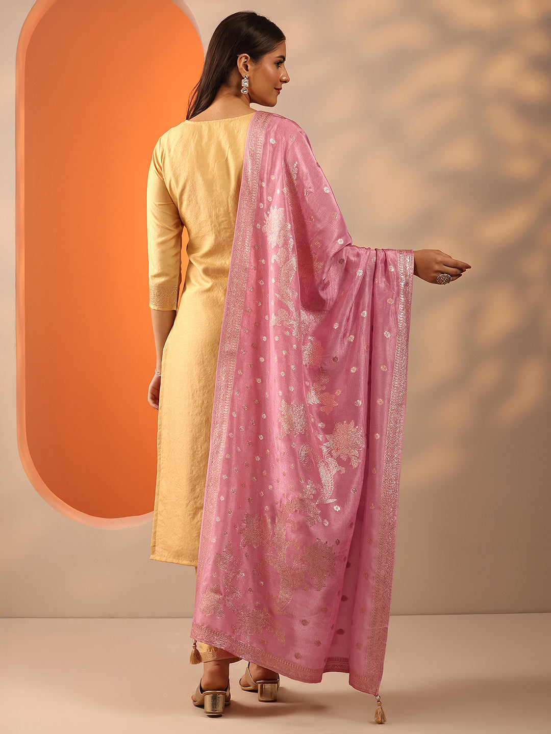  Yellow Woven Design Silk Blend Straight Suit Set With Dupatta 