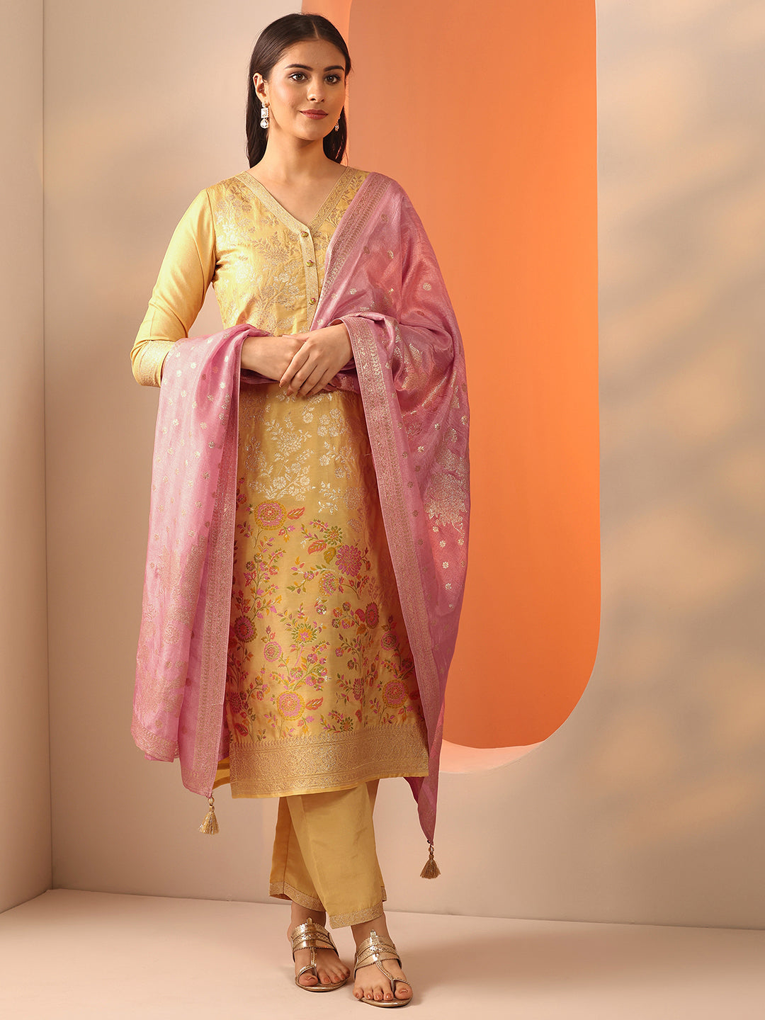 libas Yellow Woven Design Silk Blend Straight Suit Set With Dupatta-picture-11