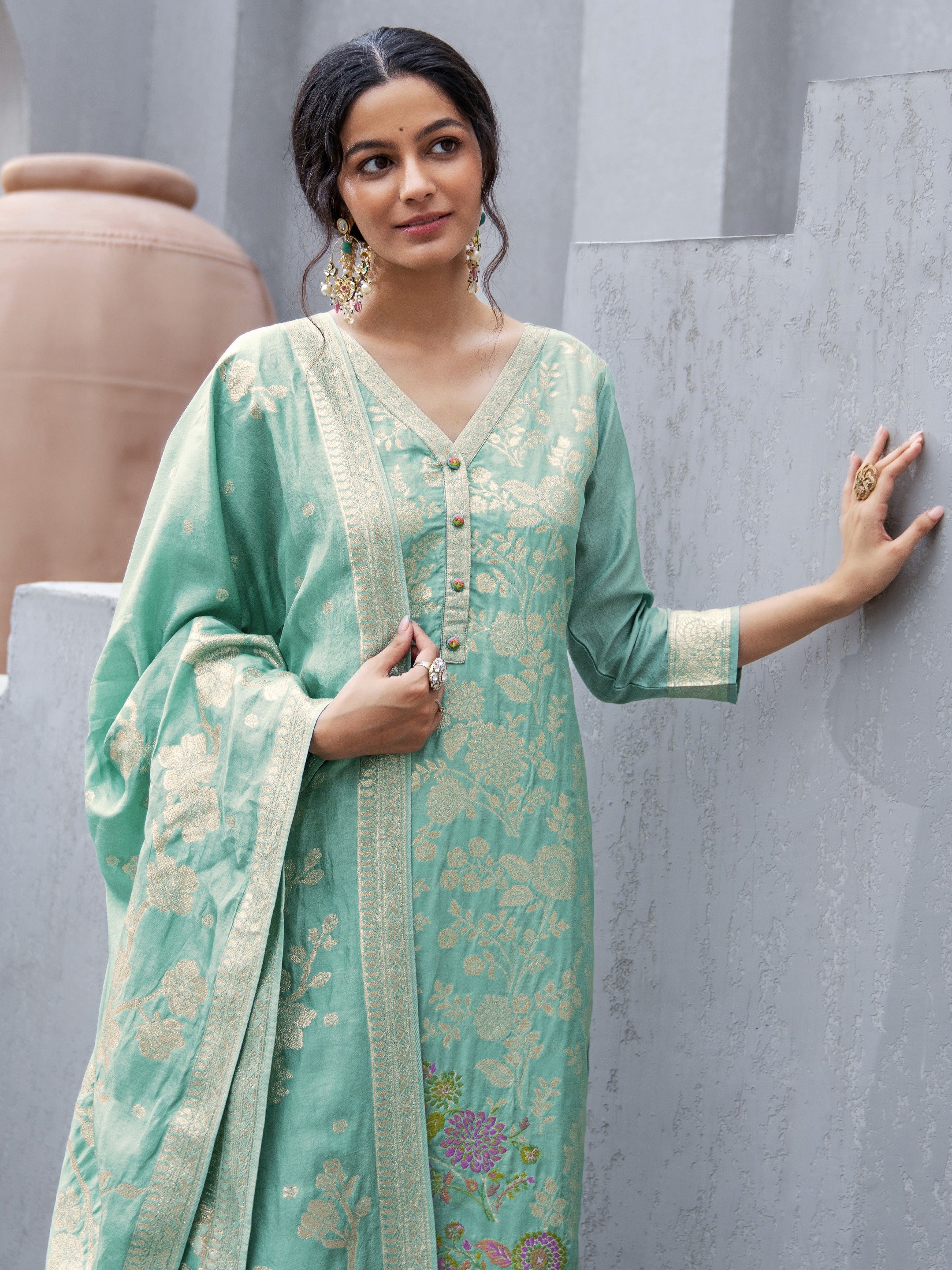 libas Blue Woven Design Silk Blend Straight Suit Set With Dupatta-picture-61