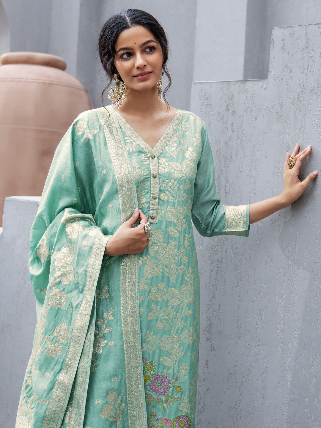 Blue Woven Design Silk Blend Straight Suit Set With Dupatta