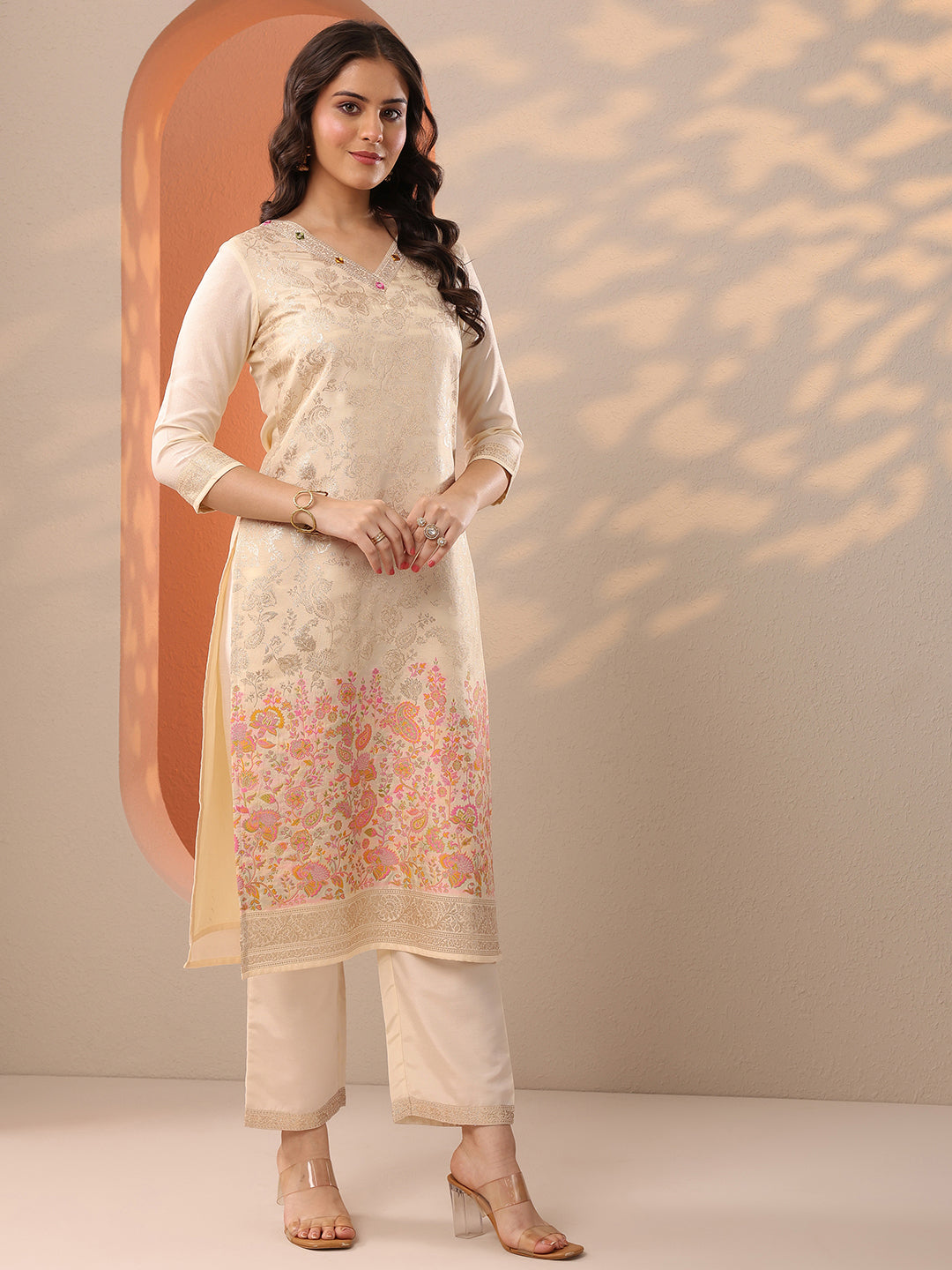  Off White Woven Design Silk Blend Straight Suit Set With Dupatta 