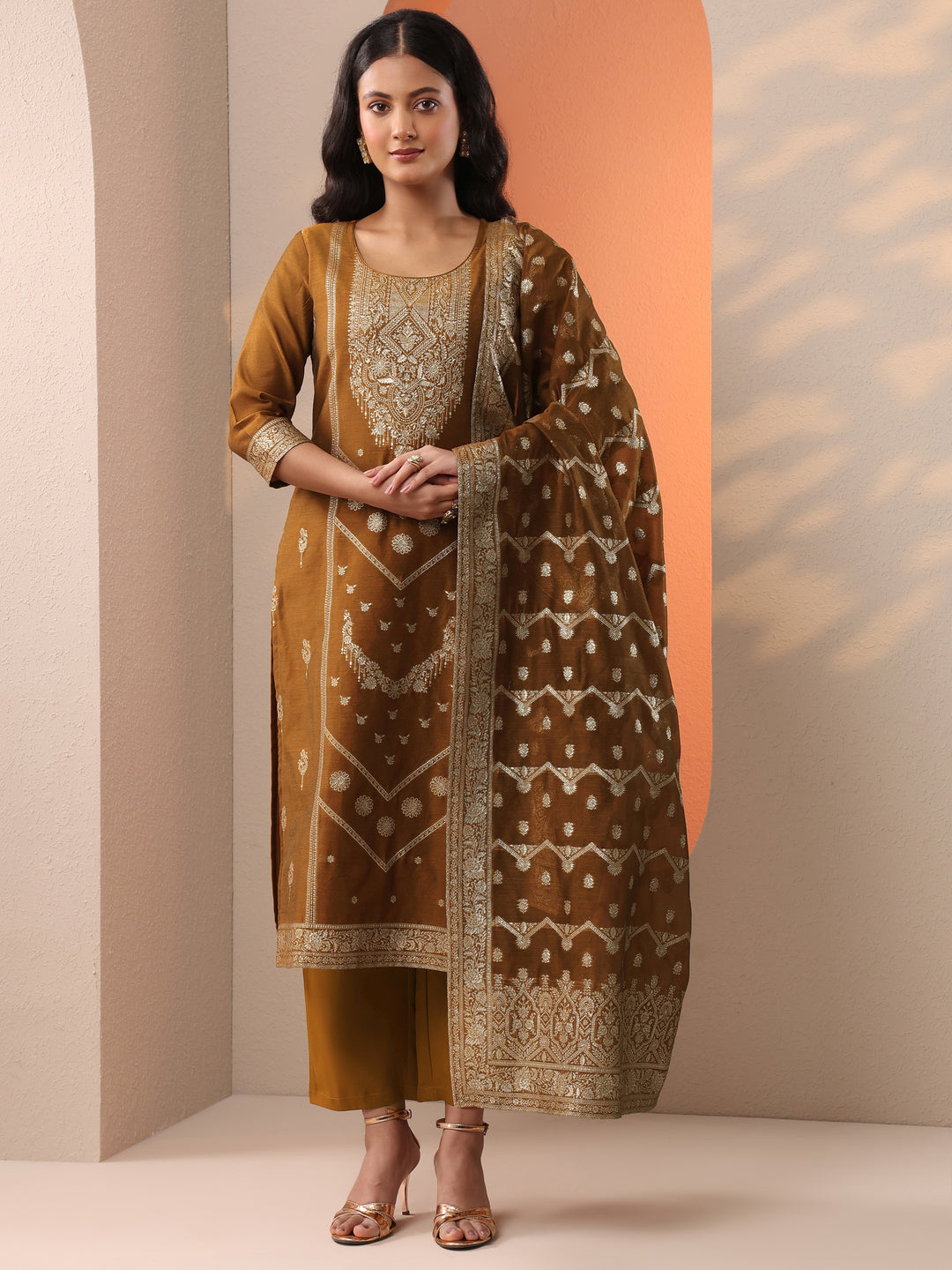  Bronze Woven Design Silk Blend Straight Suit Set With Dupatta 