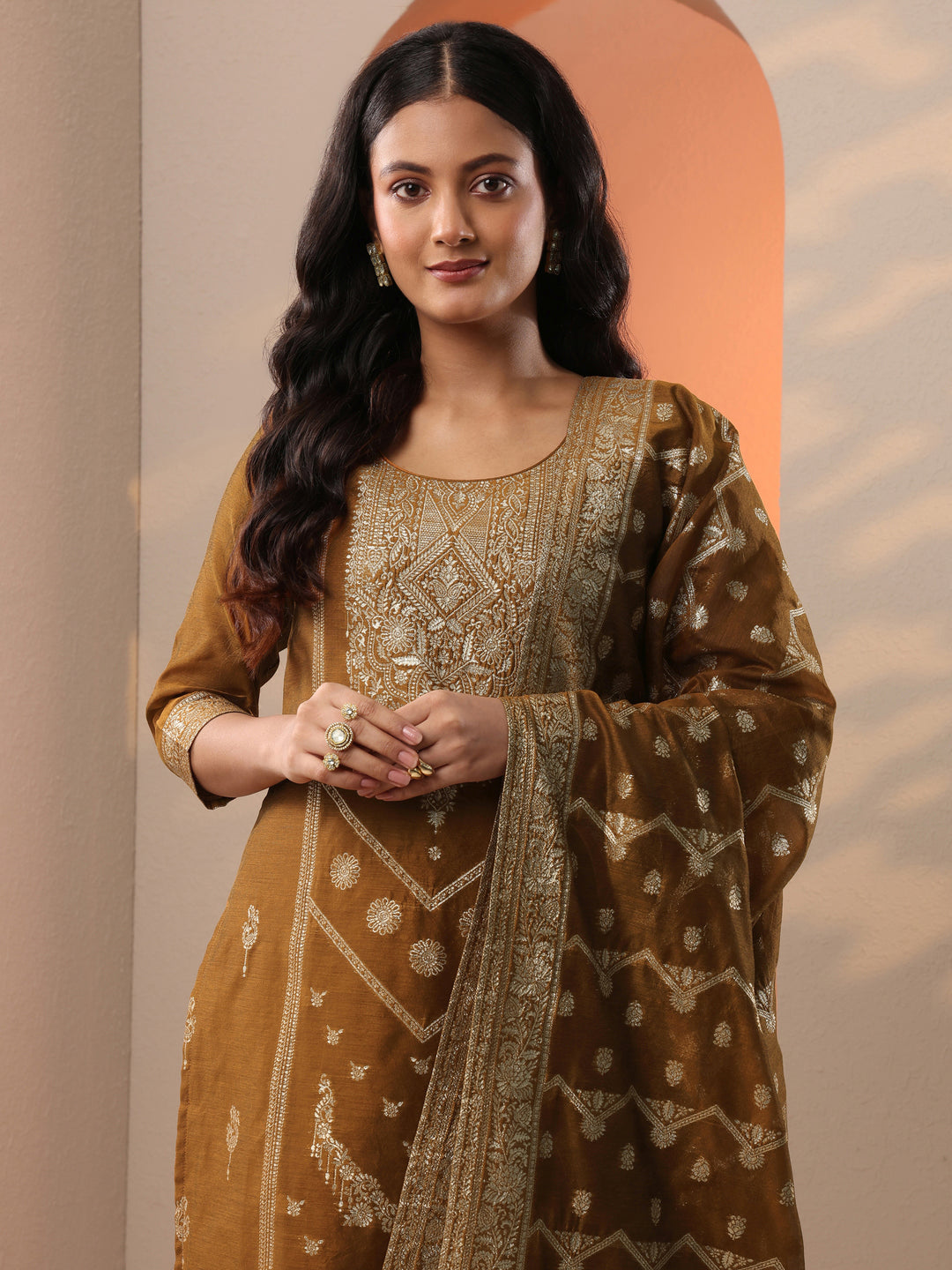  Bronze Woven Design Silk Blend Straight Suit Set With Dupatta 