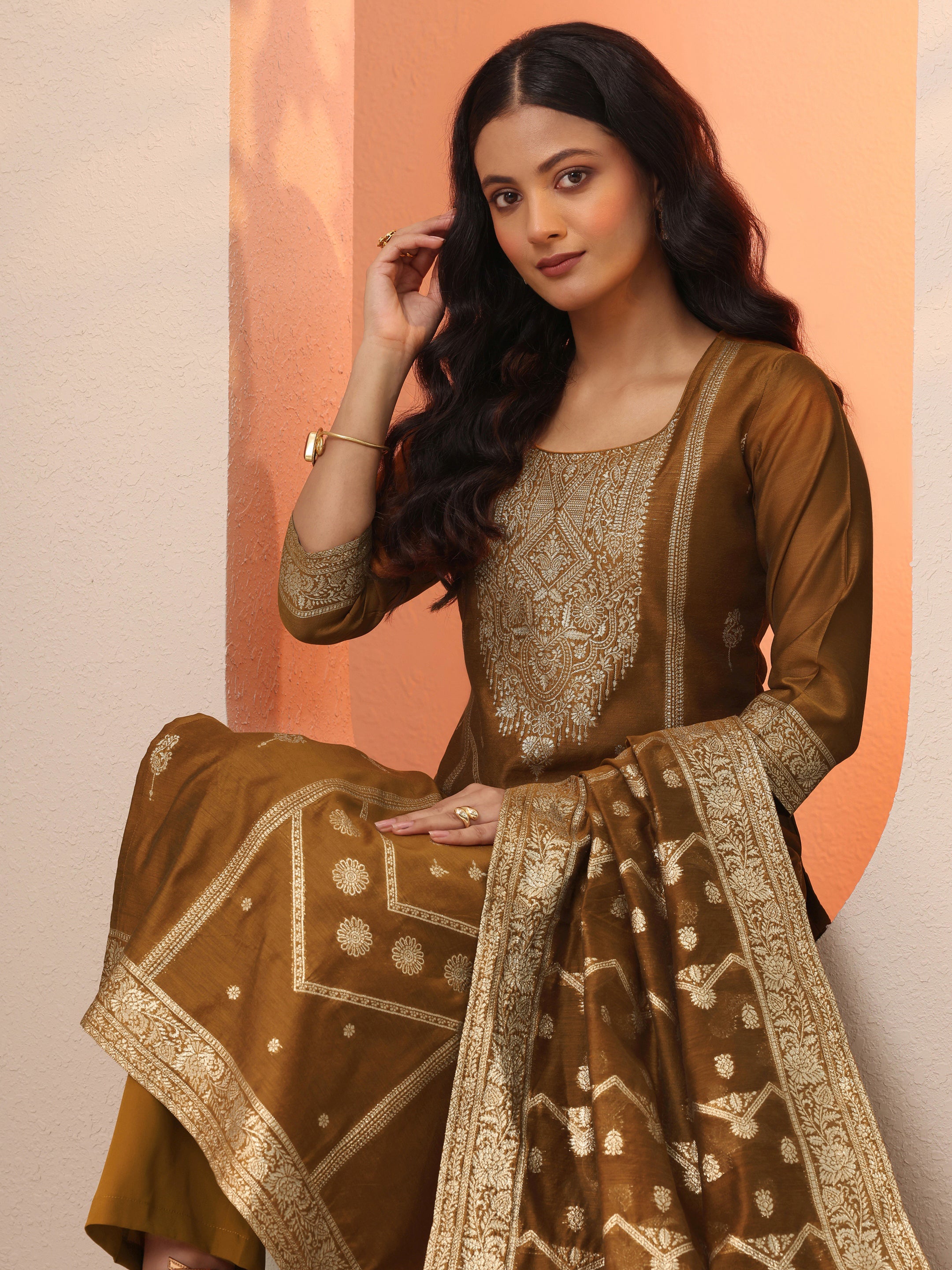 libas Bronze Woven Design Silk Blend Straight Suit Set With Dupatta-picture-61