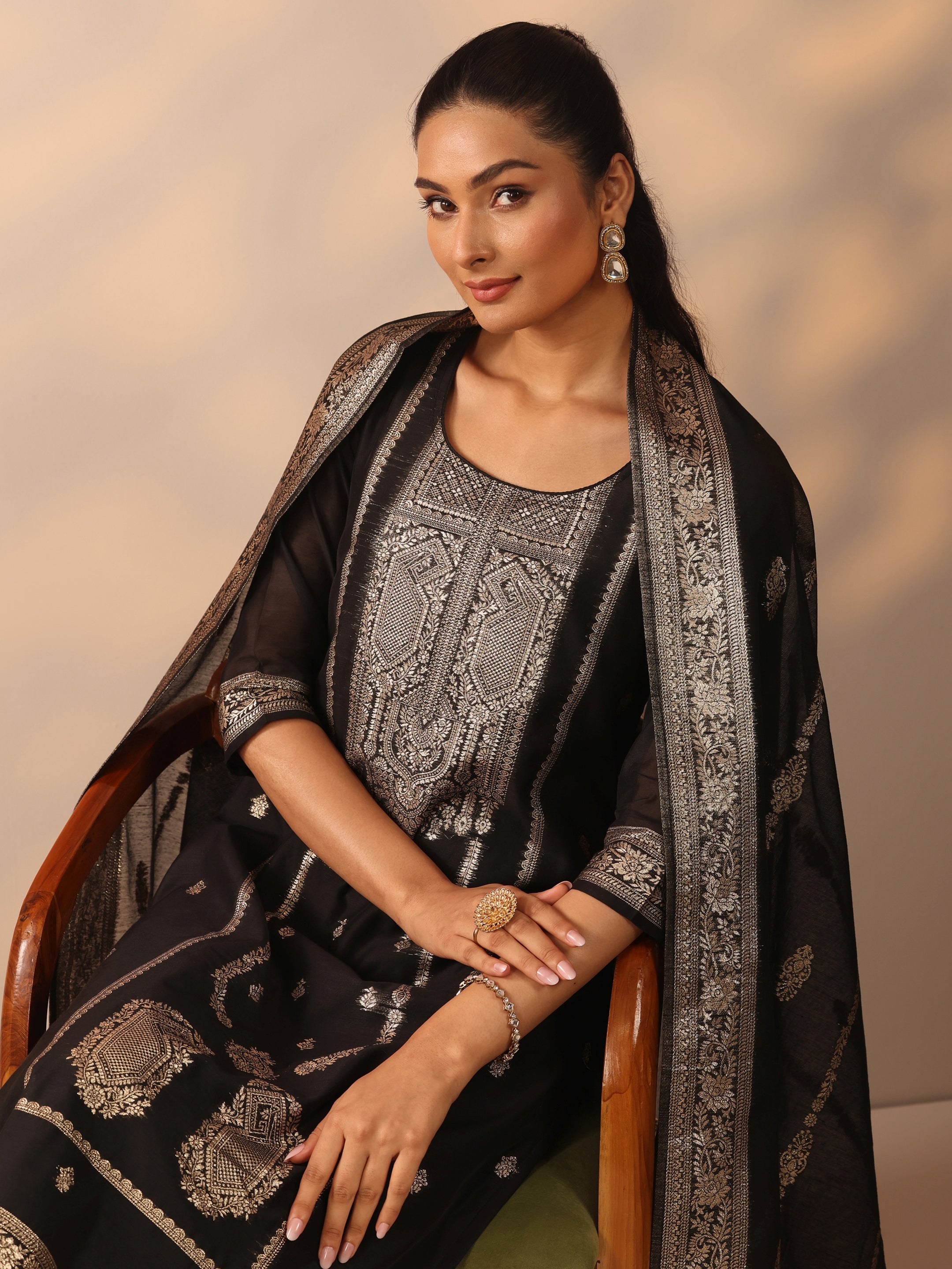 libas Black Ethnic Motif Silk Blend Straight Suit Set With Dupatta-picture-34