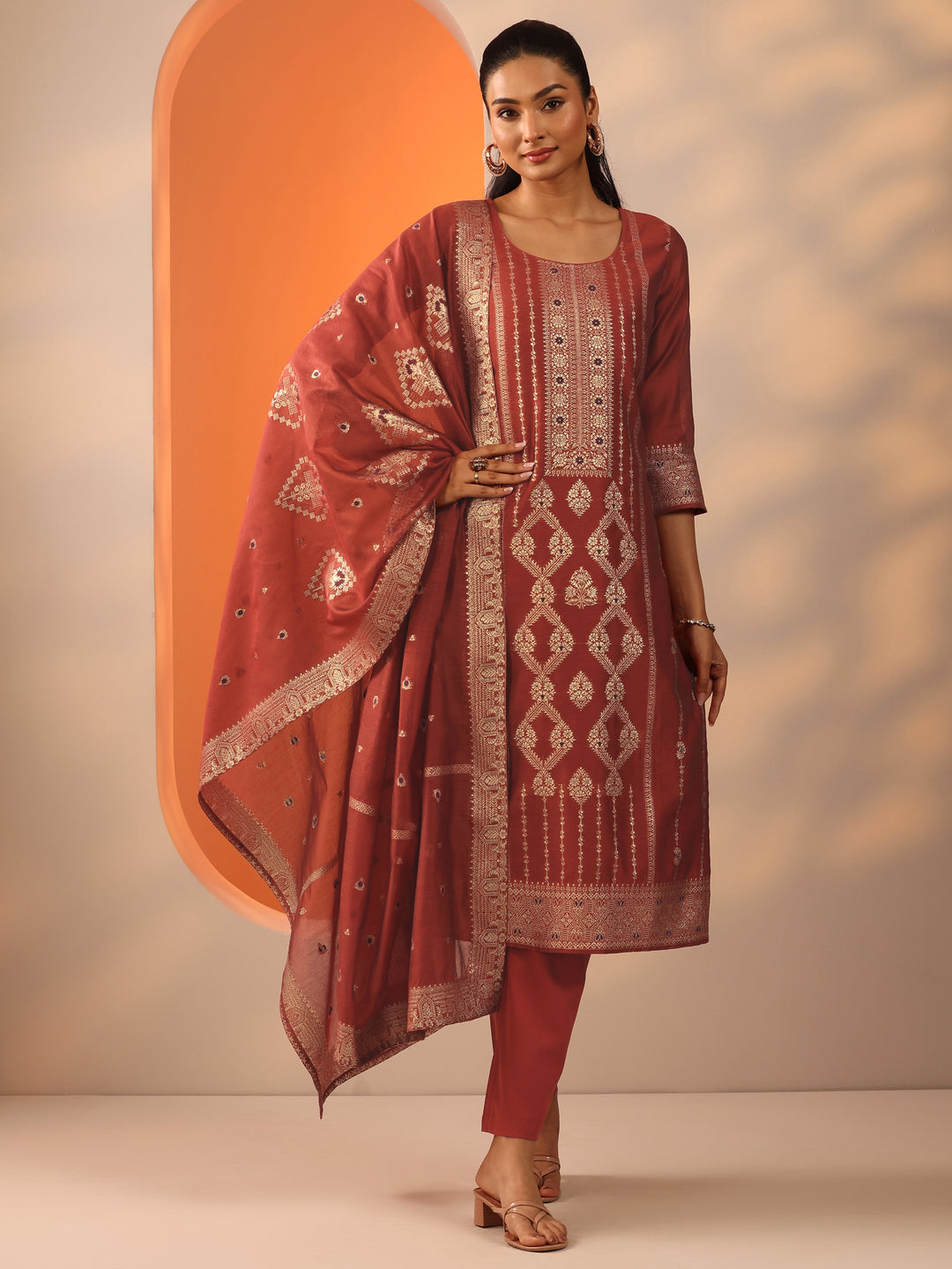  Rust Woven Design Silk Blend Straight Suit Set With Dupatta 