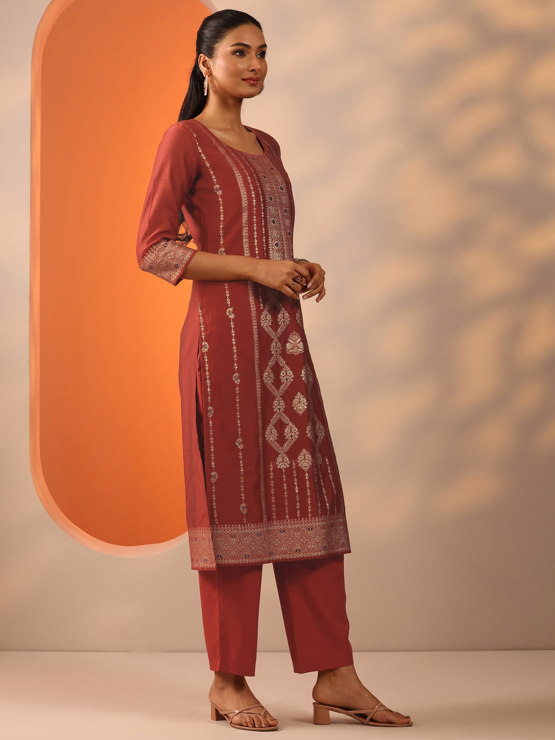  Rust Woven Design Silk Blend Straight Suit Set With Dupatta 
