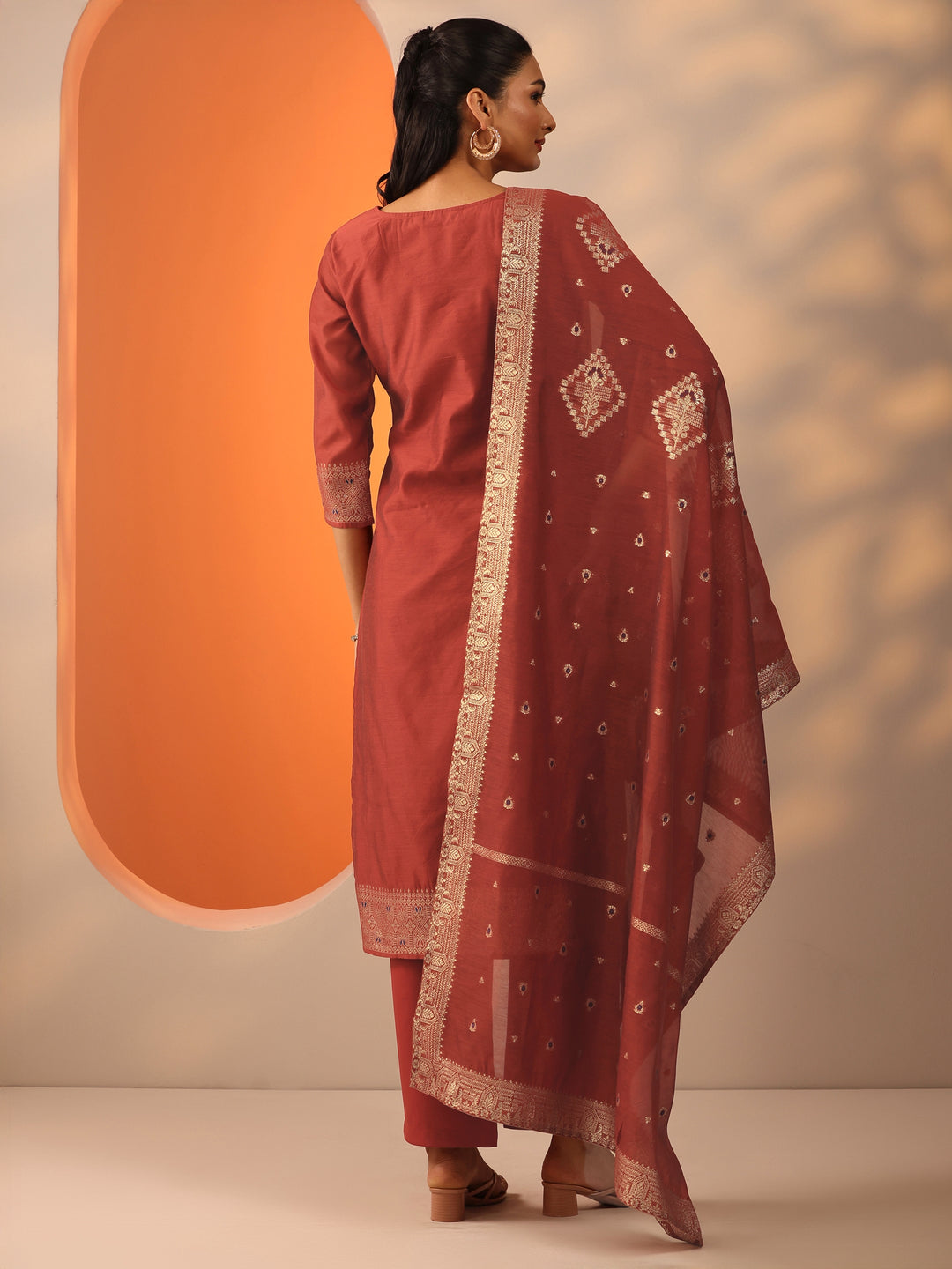  Rust Woven Design Silk Blend Straight Suit Set With Dupatta 