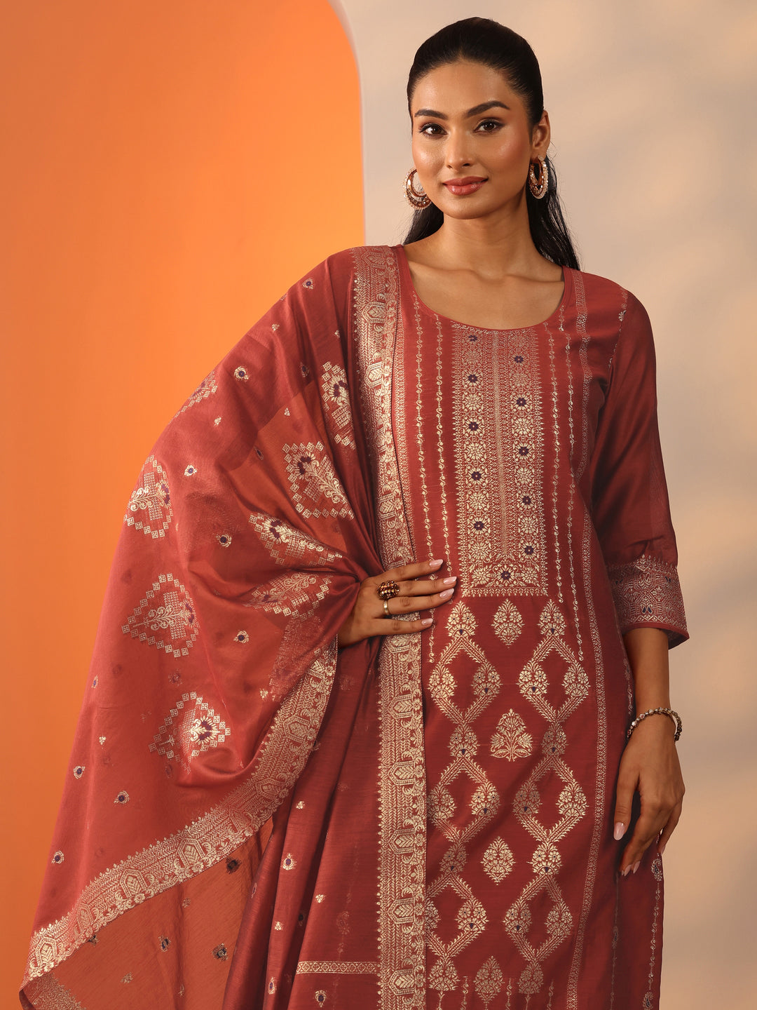  Rust Woven Design Silk Blend Straight Suit Set With Dupatta 