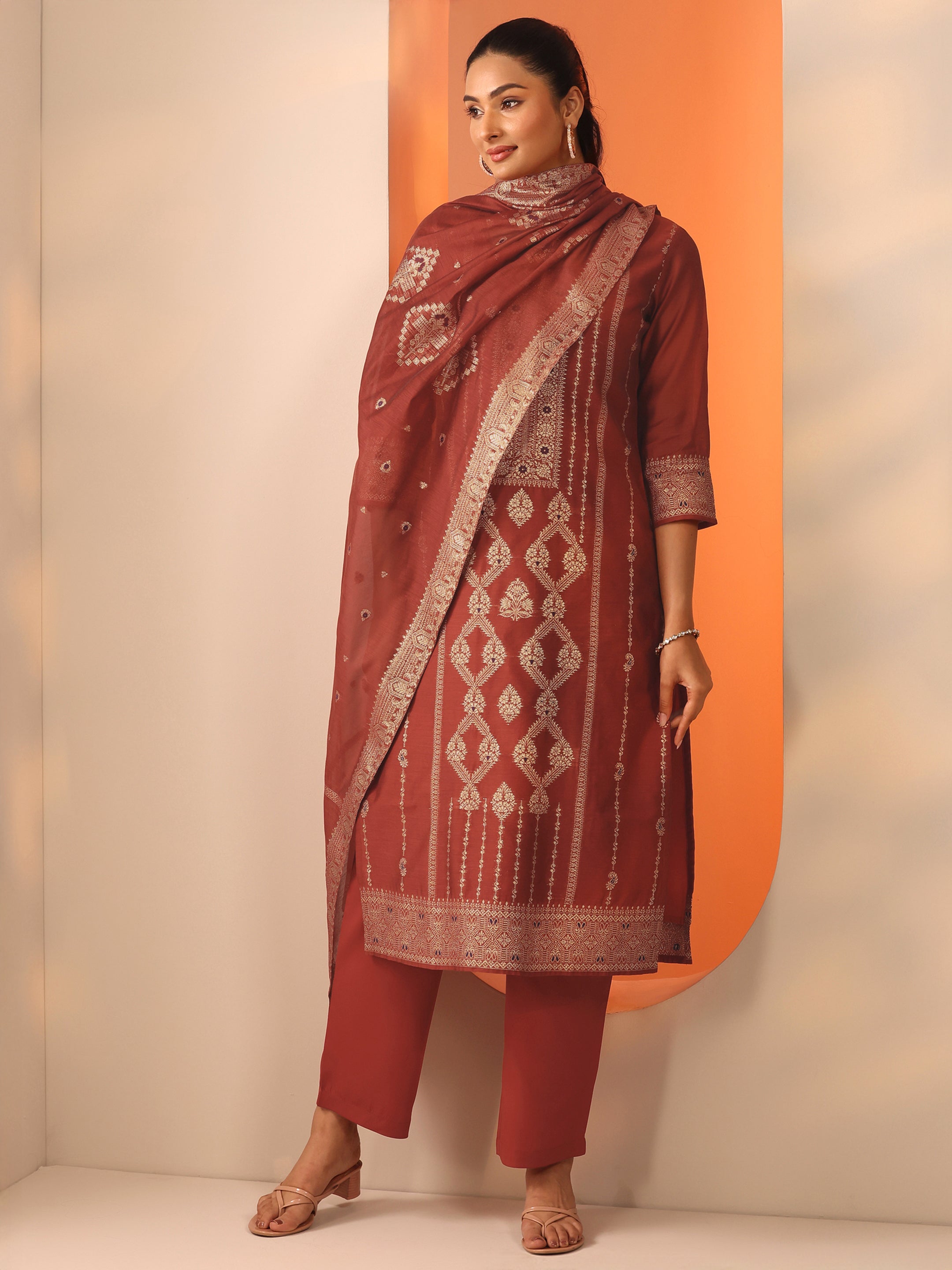 libas Rust Woven Design Silk Blend Straight Suit Set With Dupatta-picture-43
