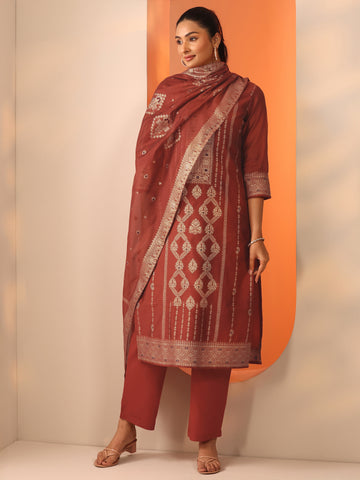 Rust Woven Design Silk Blend Straight Suit Set With Dupatta