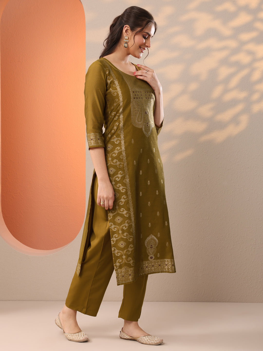  Mustard Woven Design Silk Blend Straight Suit Set With Dupatta 