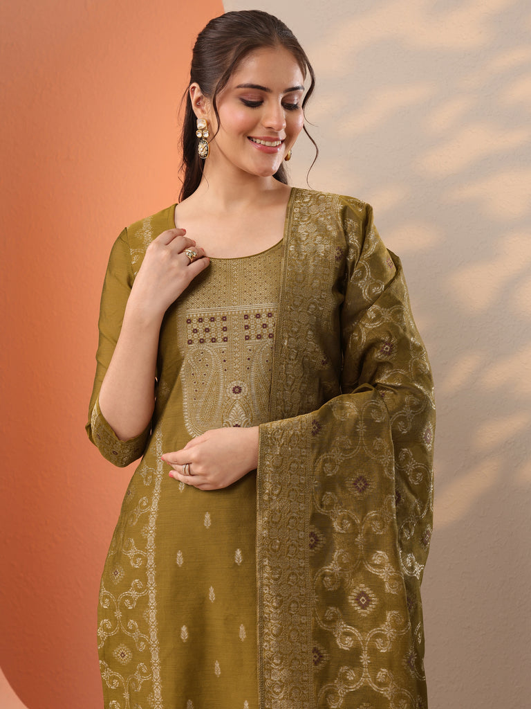 Libas Mustard Woven Design Silk Blend Straight Suit Set With Dupatta