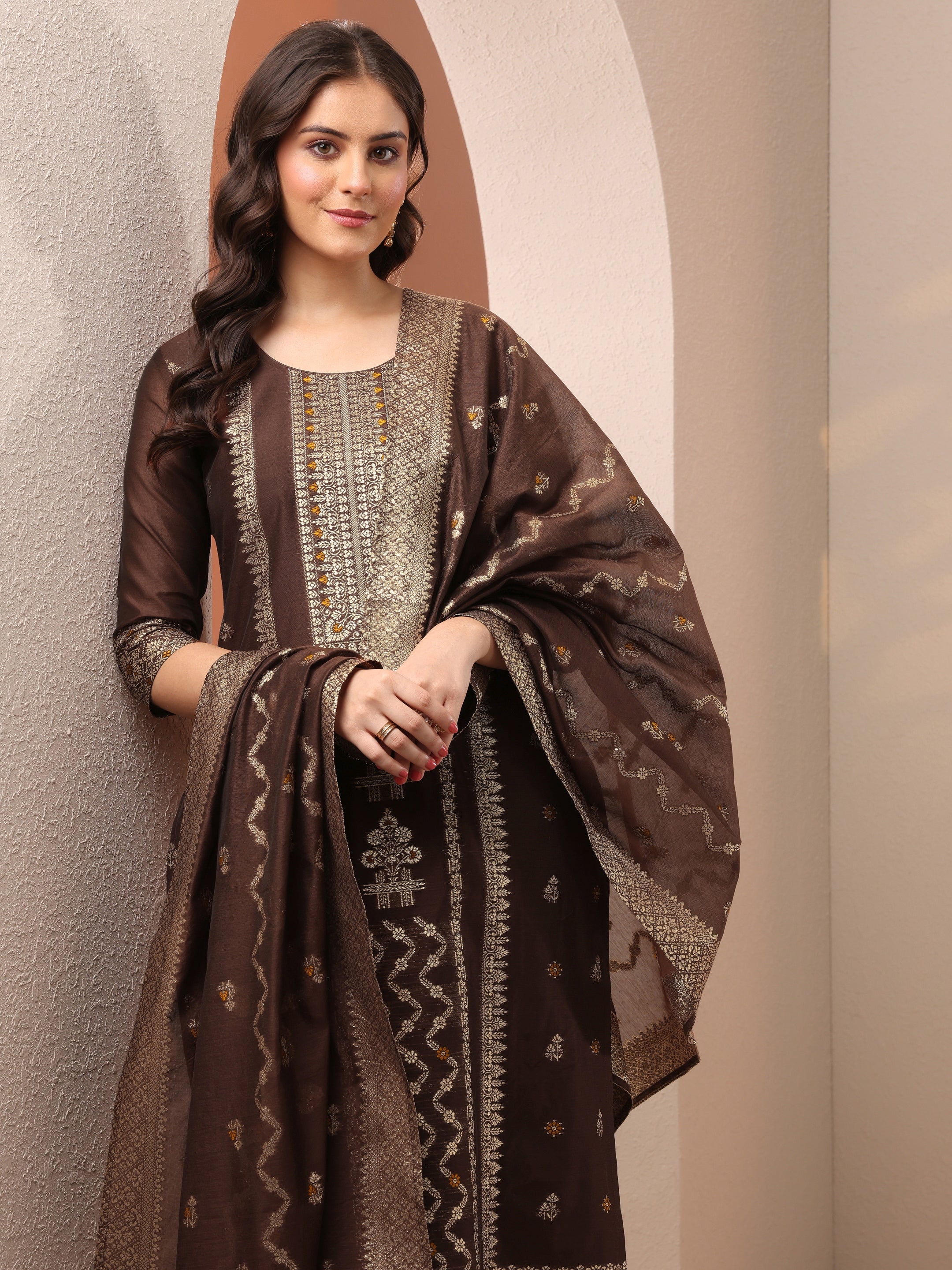 Brown Woven Design Silk Blend Straight Suit Set With Dupatta-image-10