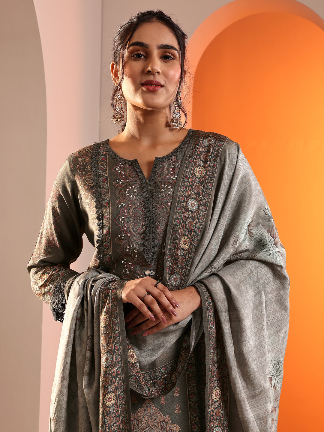  Grey Printed Muslin Straight Suit Set With Dupatta 