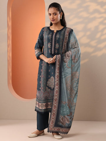 Teal Printed Muslin Straight Suit Set With Dupatta