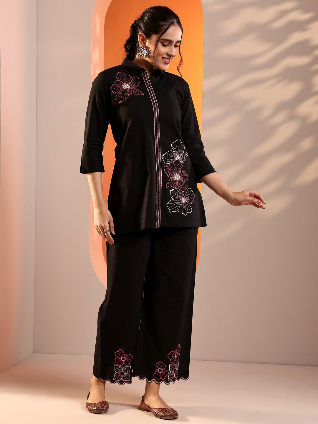  Black Embroidered cotton blend Co-Ord Sets 