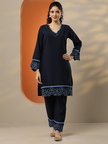 Navy Blue Solid Silk Blend Co-Ord Sets
