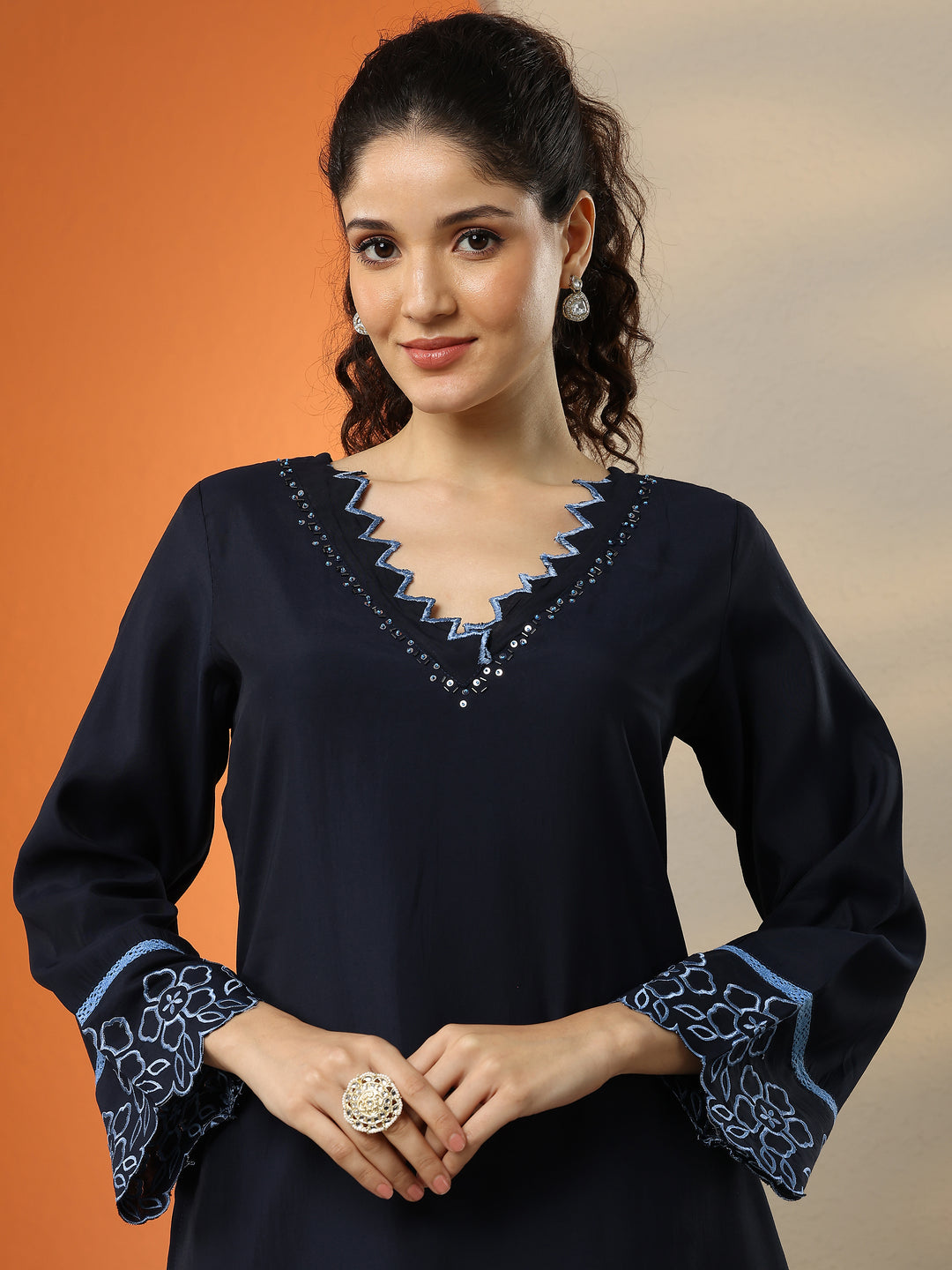  Navy Blue Solid Silk Blend Co-Ord Sets 