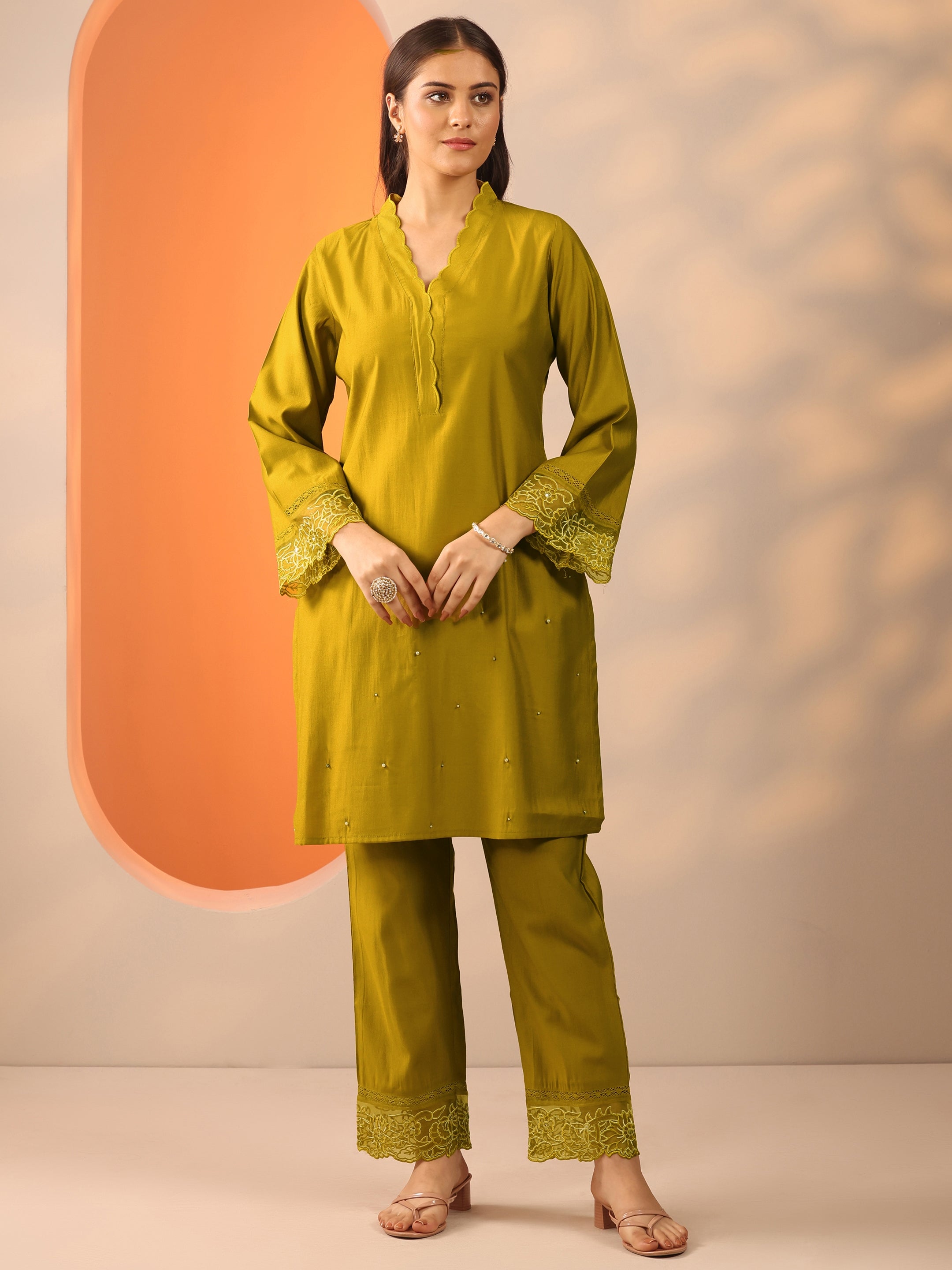 libas Lime Green Solid Silk Blend Co-Ord Sets-picture-23