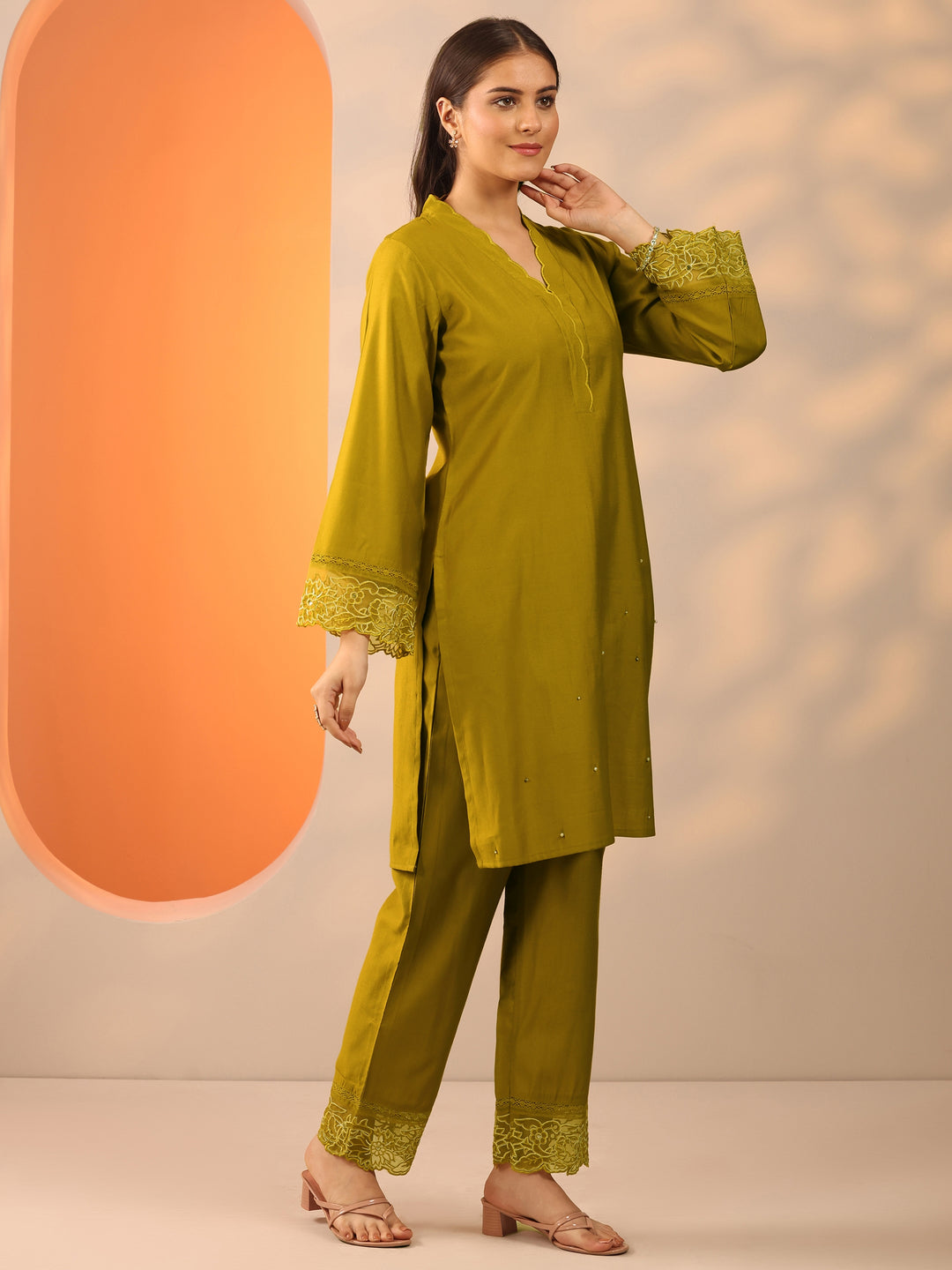  Lime Green Solid Silk Blend Co-Ord Sets 
