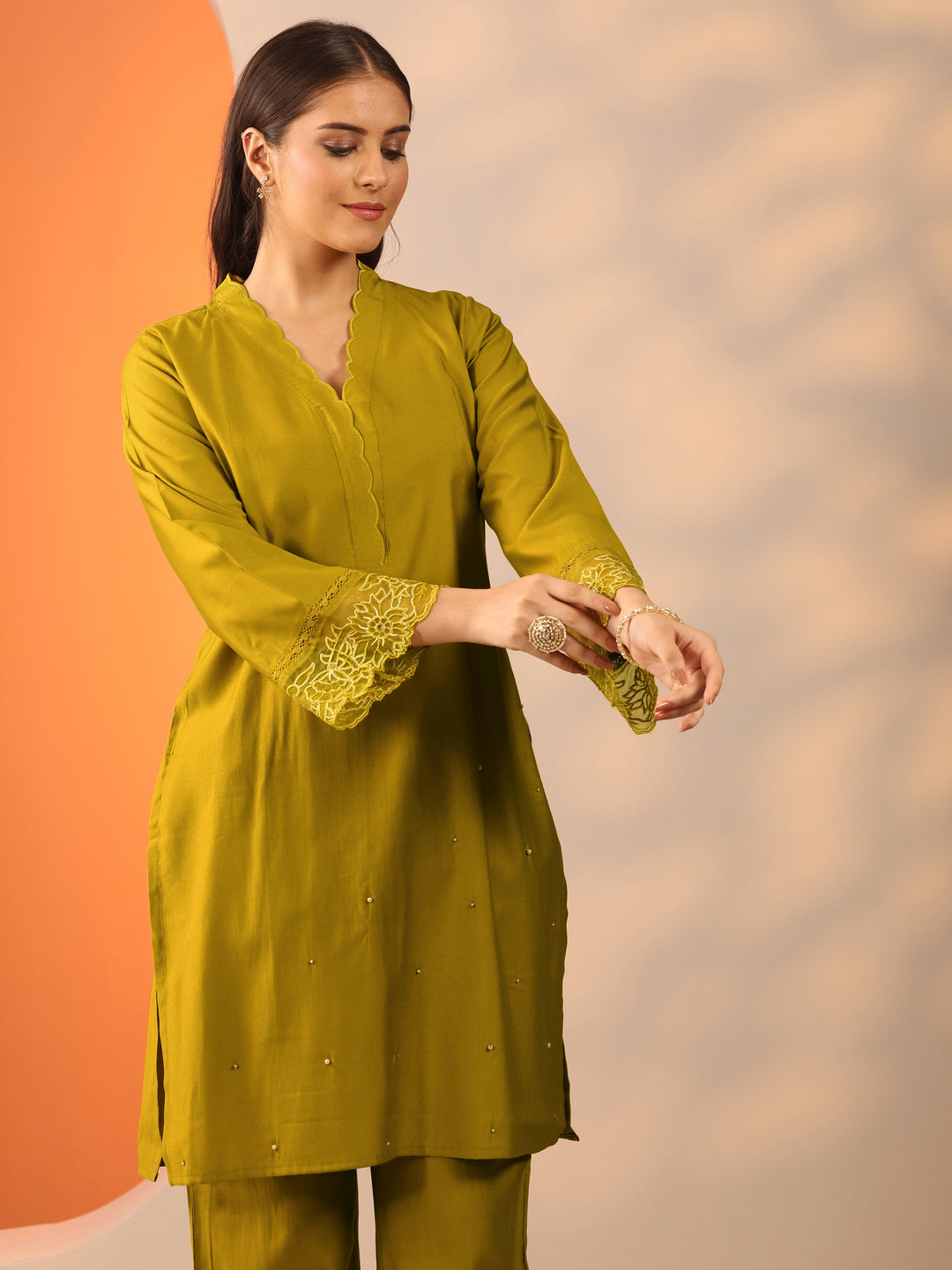  Lime Green Solid Silk Blend Co-Ord Sets 