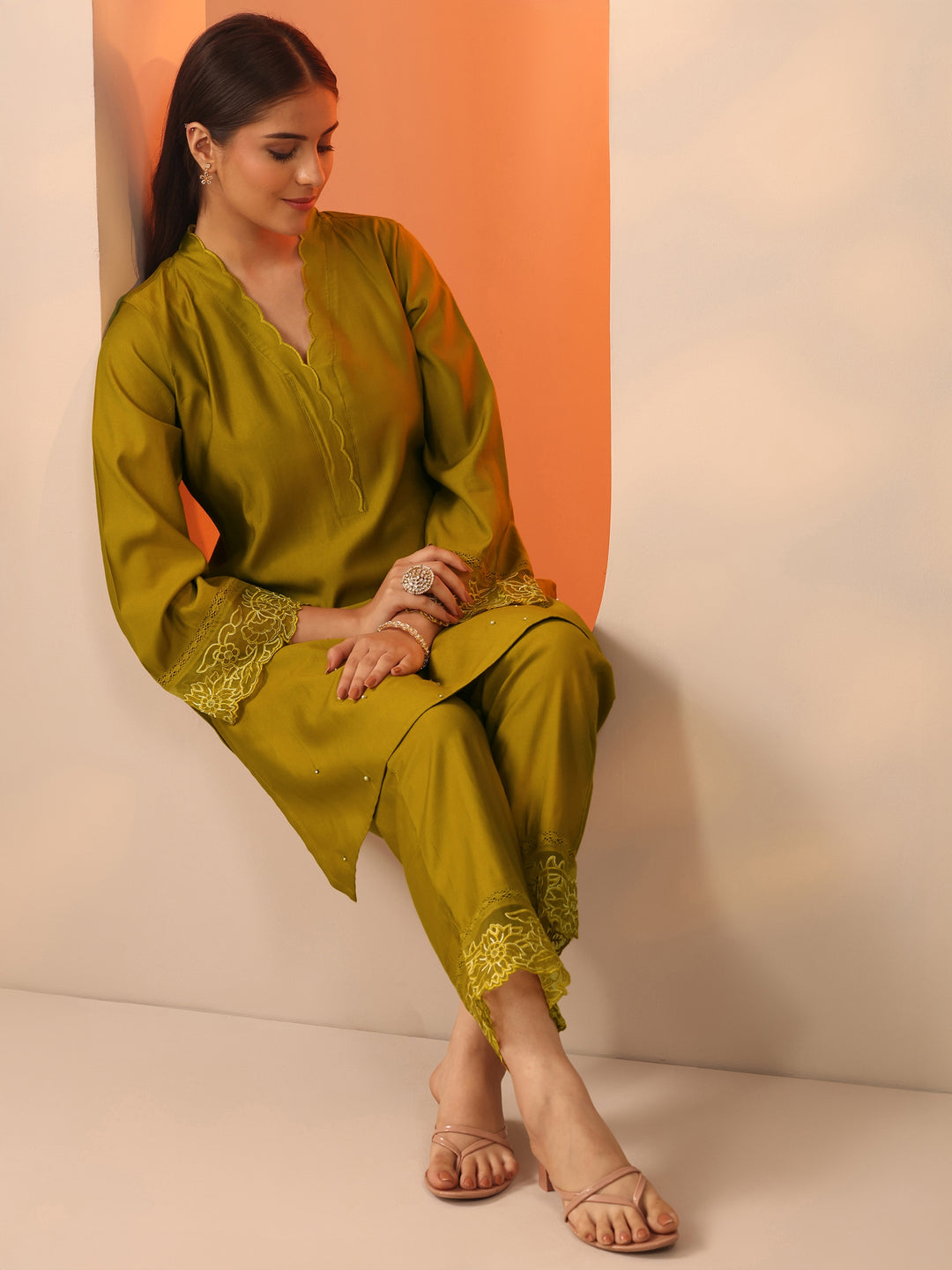  Lime Green Solid Silk Blend Co-Ord Sets 