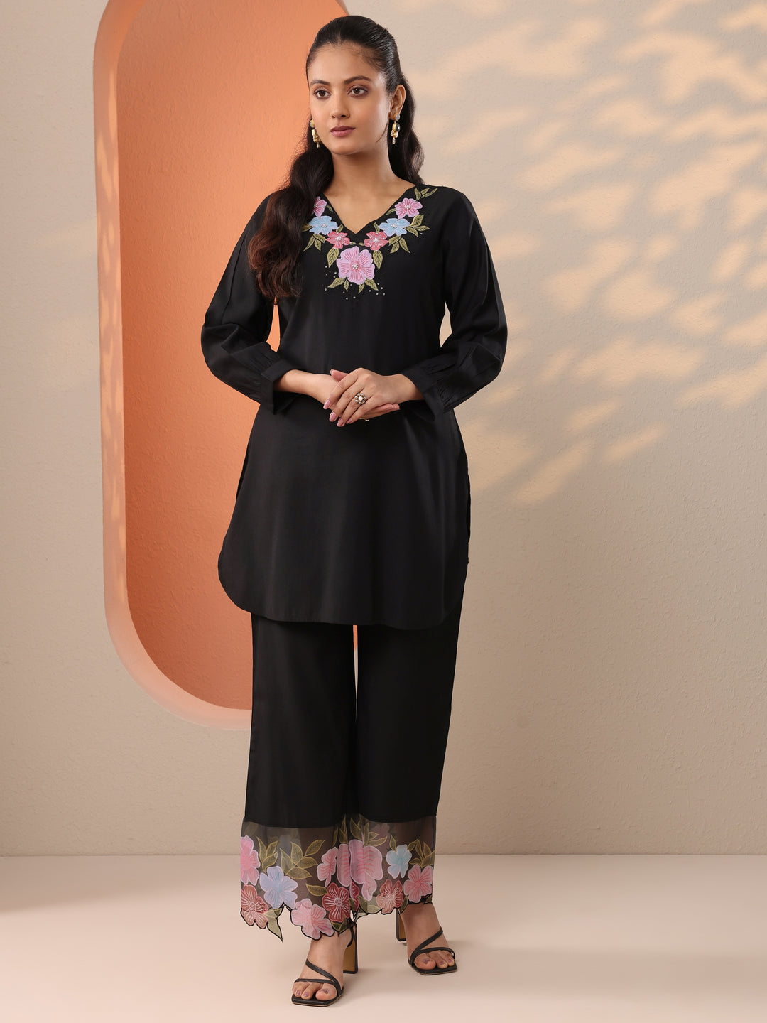  Black Embroidered Silk Blend Co-Ord Sets 