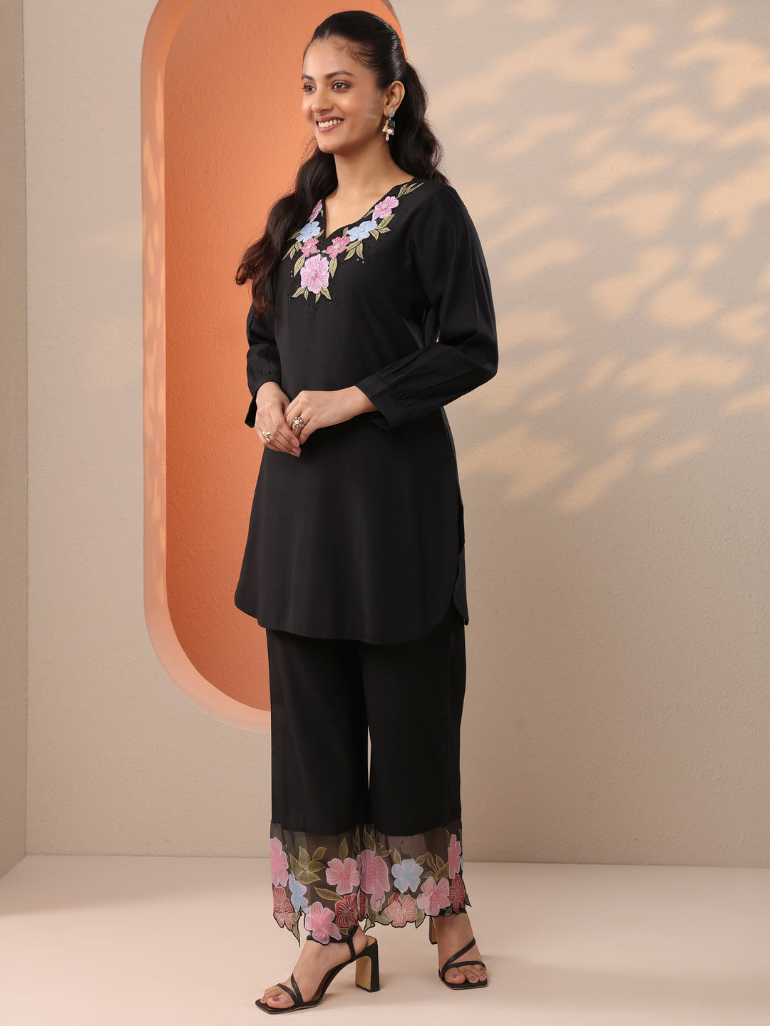  Black Embroidered Silk Blend Co-Ord Sets 