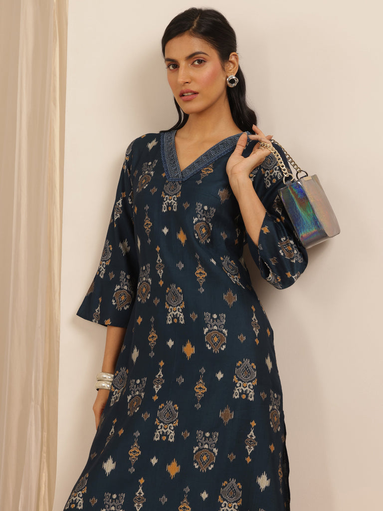 Libas Navy Blue Printed Silk Blend Co-Ord Sets