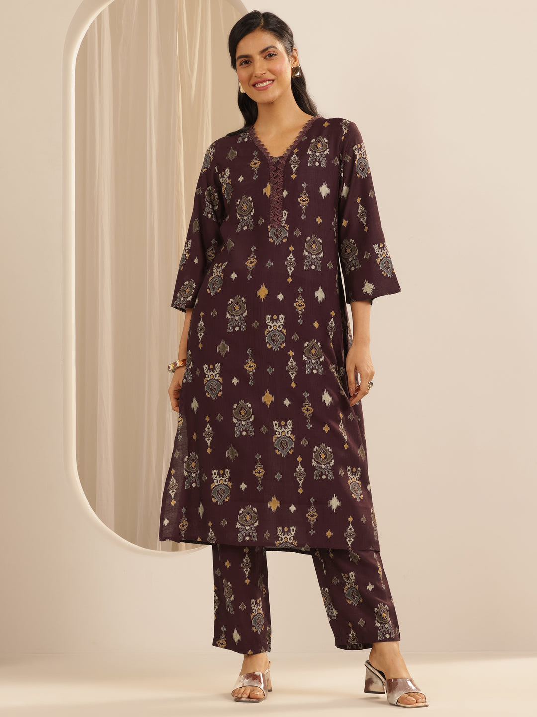  Brown Printed Silk Blend Co-Ord Sets 
