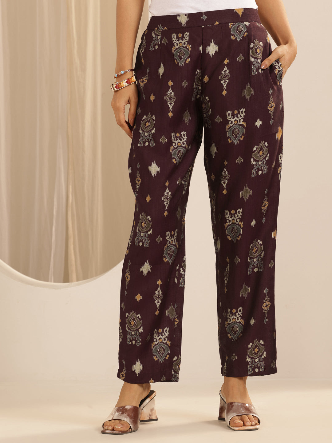  Brown Printed Silk Blend Co-Ord Sets 