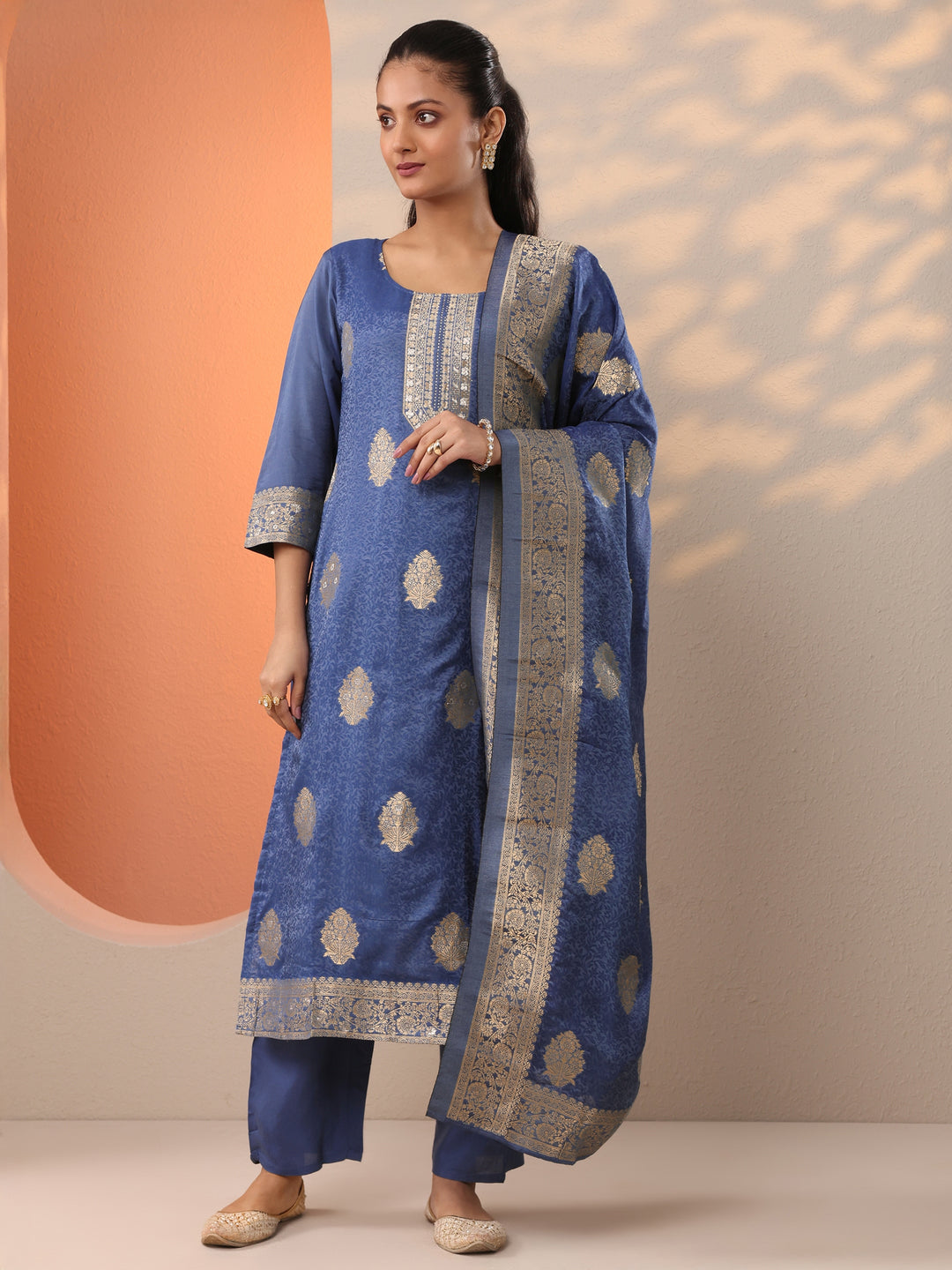  Blue Woven Design Silk Blend Straight Suit Set With Dupatta 