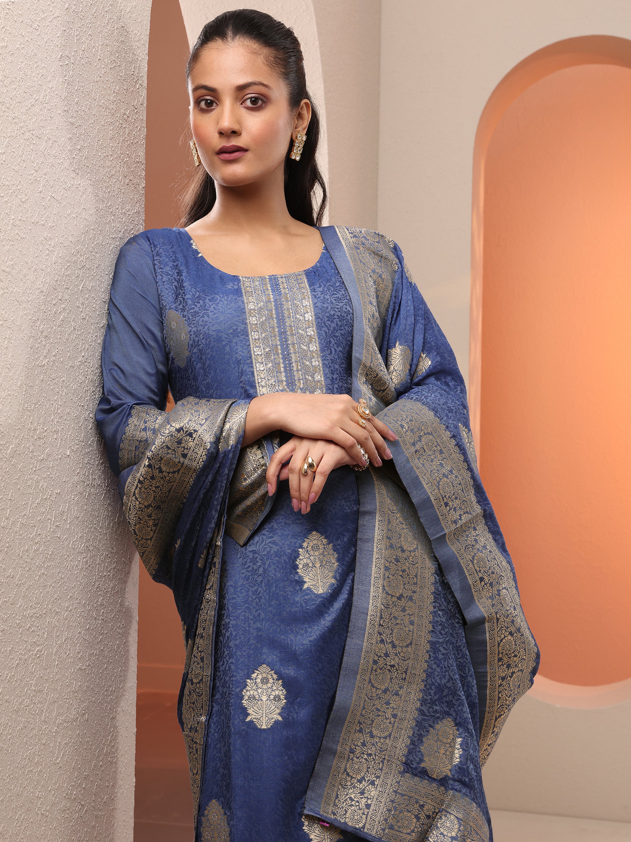 Blue Woven Design Silk Blend Straight Suit Set With Dupatta-image-38