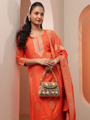 Orange Woven Design Silk Blend Straight Suit Set With Dupatta