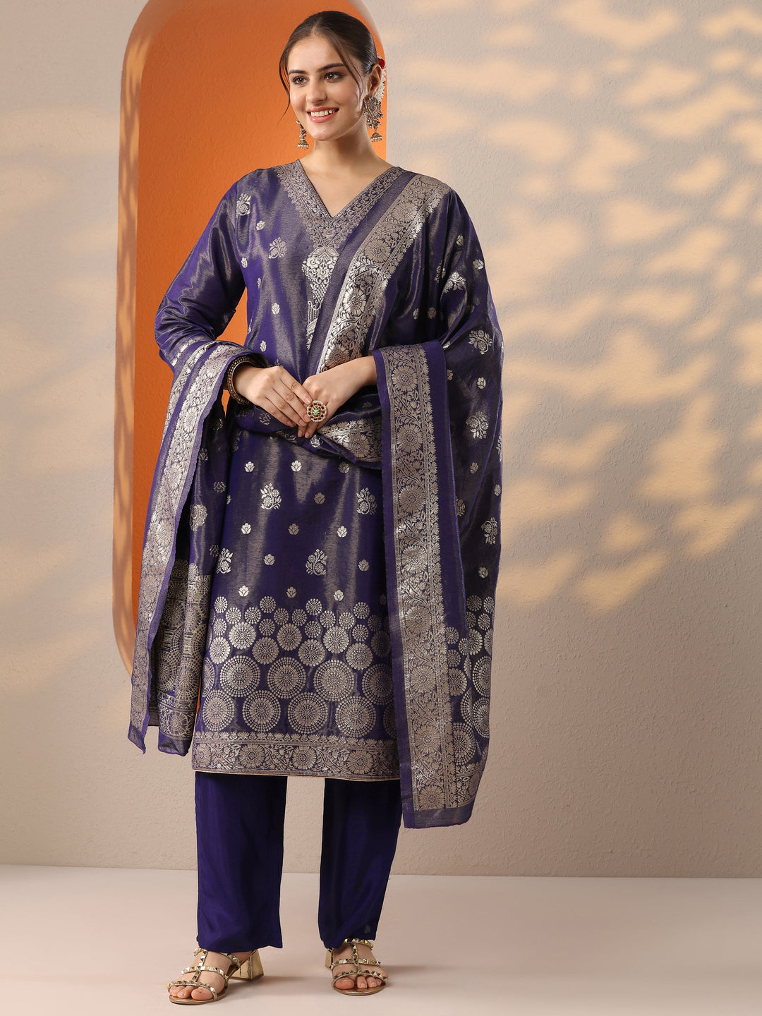  Purple Woven Design Silk Blend Straight Suit Set With Dupatta 