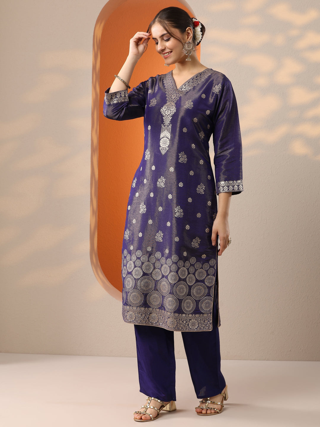  Purple Woven Design Silk Blend Straight Suit Set With Dupatta 