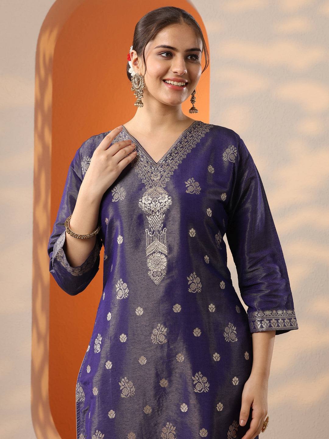  Purple Woven Design Silk Blend Straight Suit Set With Dupatta 