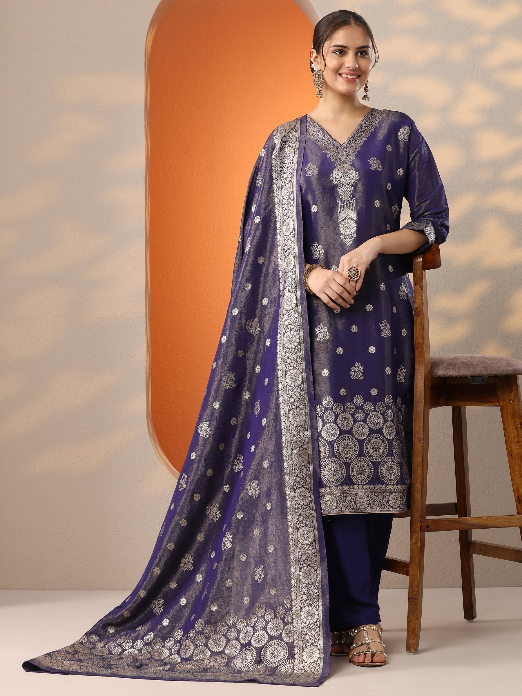 Purple Woven Design Silk Blend Straight Suit Set With Dupatta