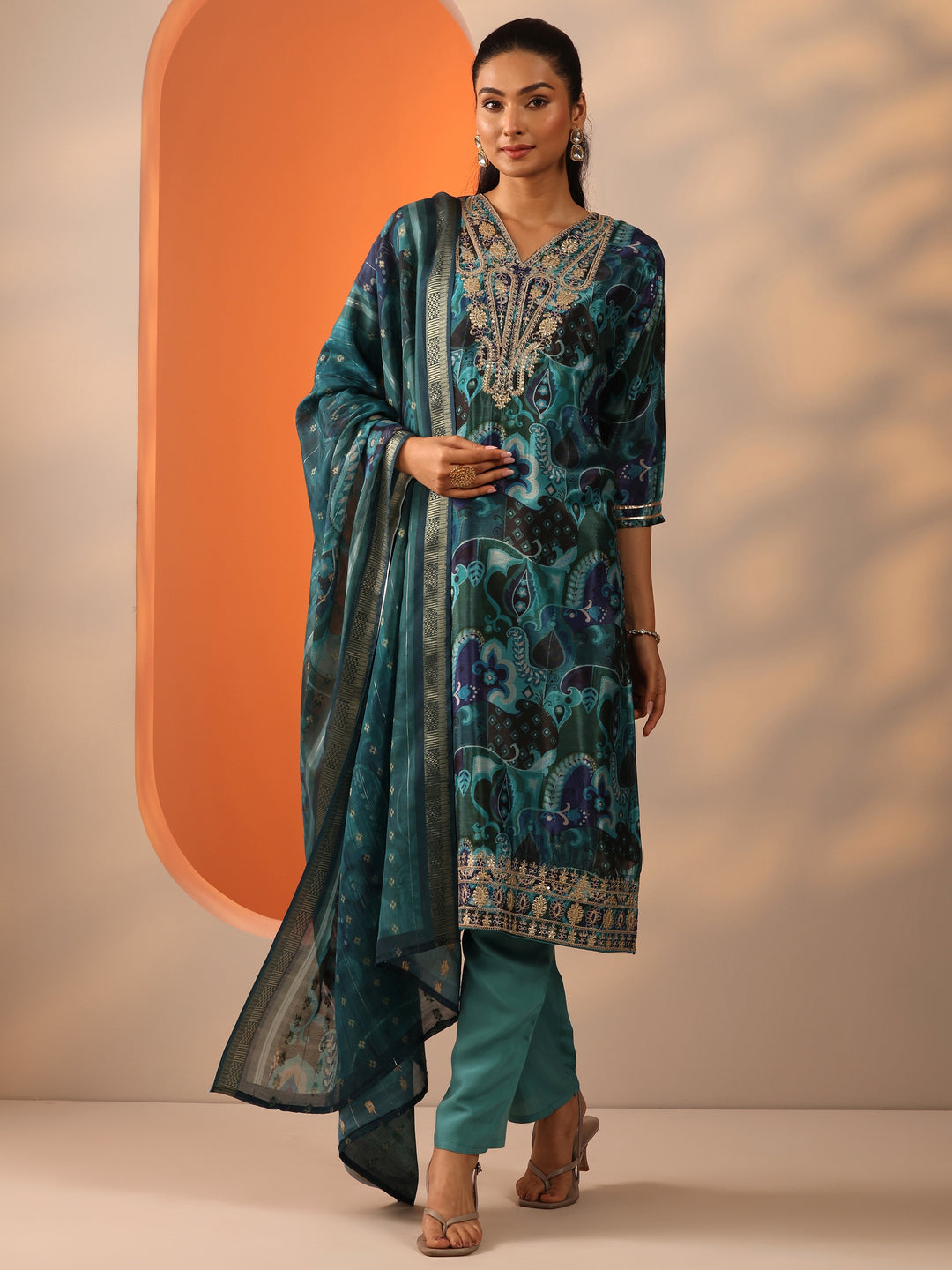  Green Printed Chinon Straight Suit Set With Dupatta 