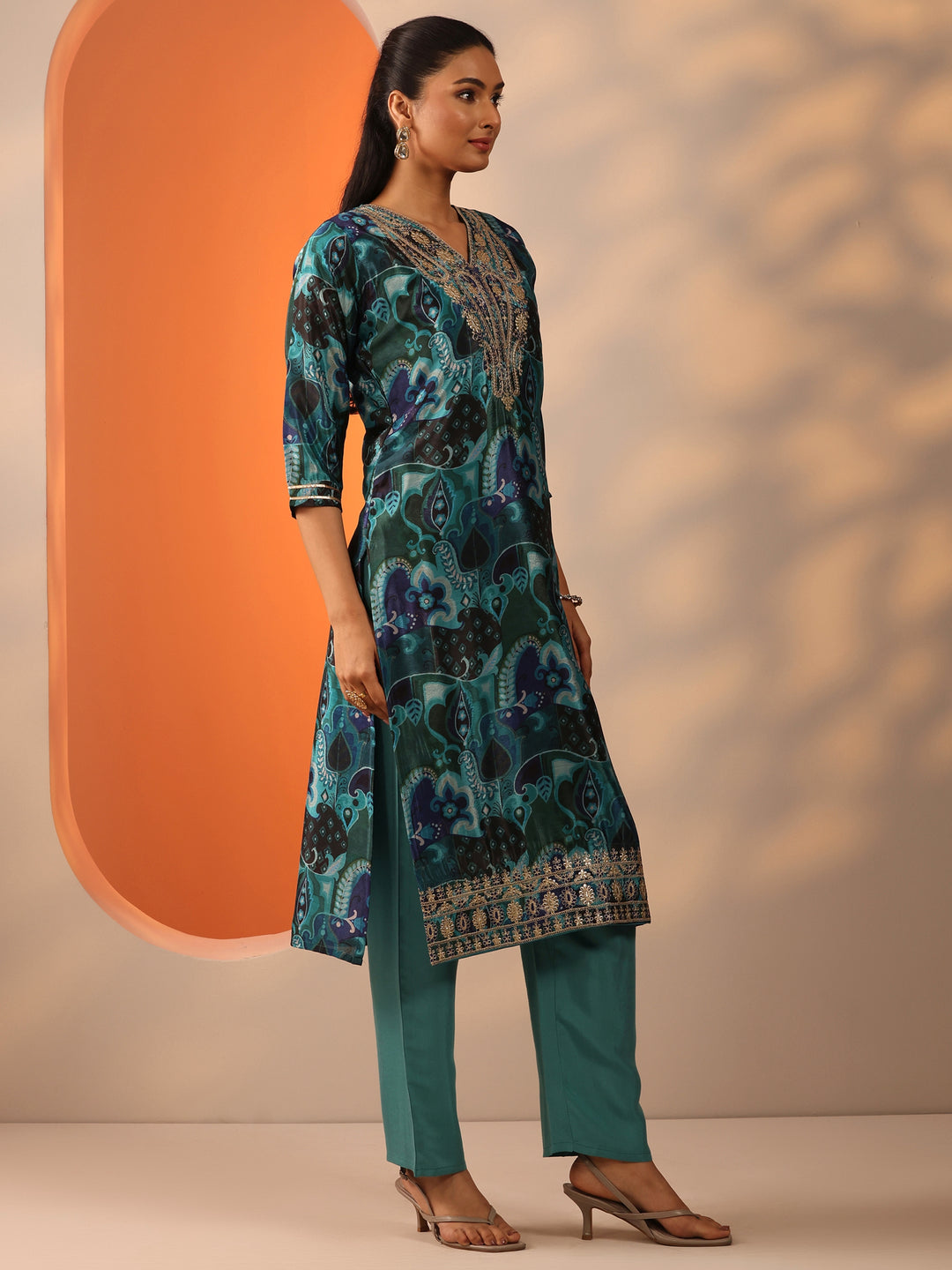  Green Printed Chinon Straight Suit Set With Dupatta 