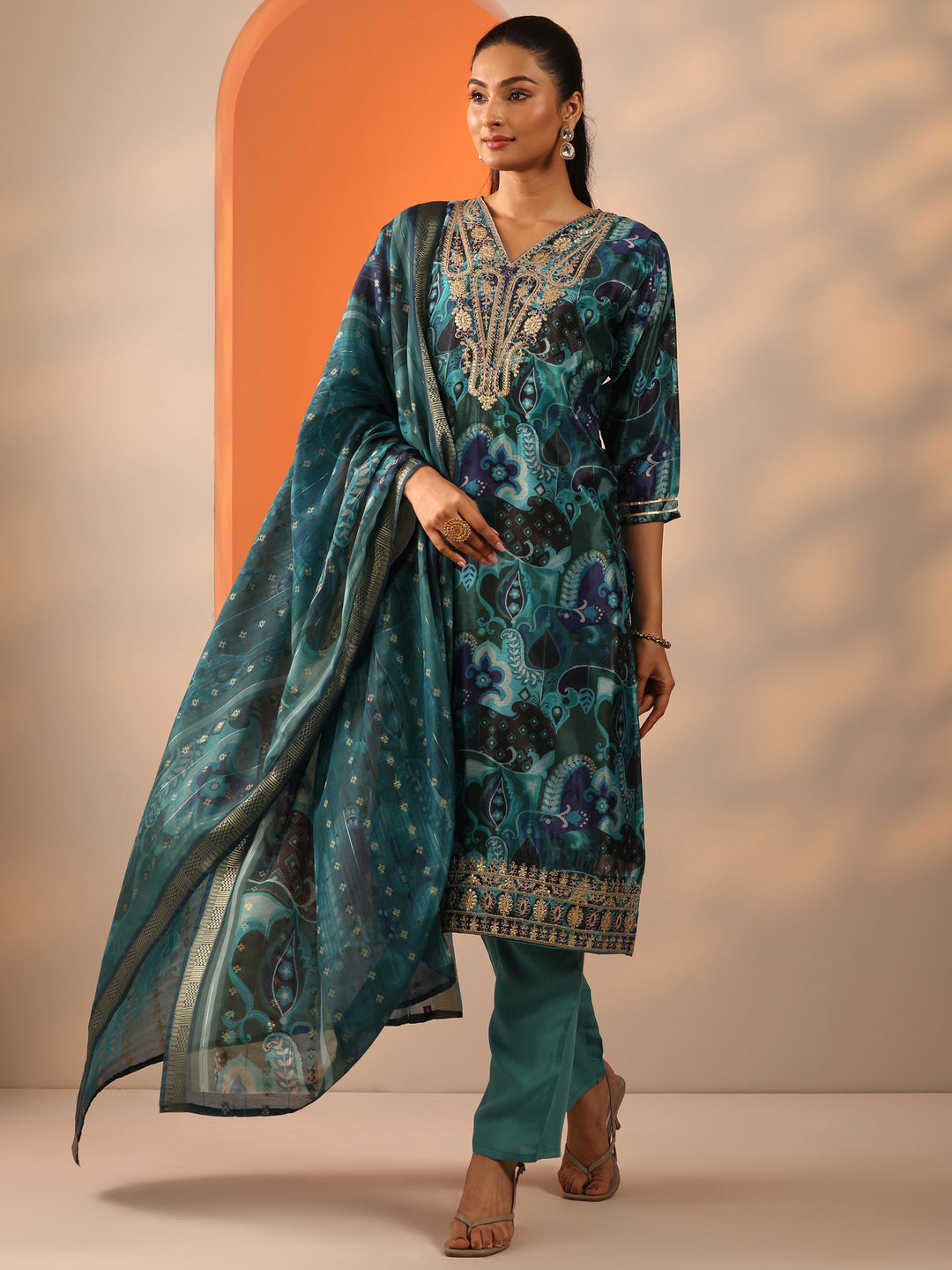  Green Printed Chinon Straight Suit Set With Dupatta 