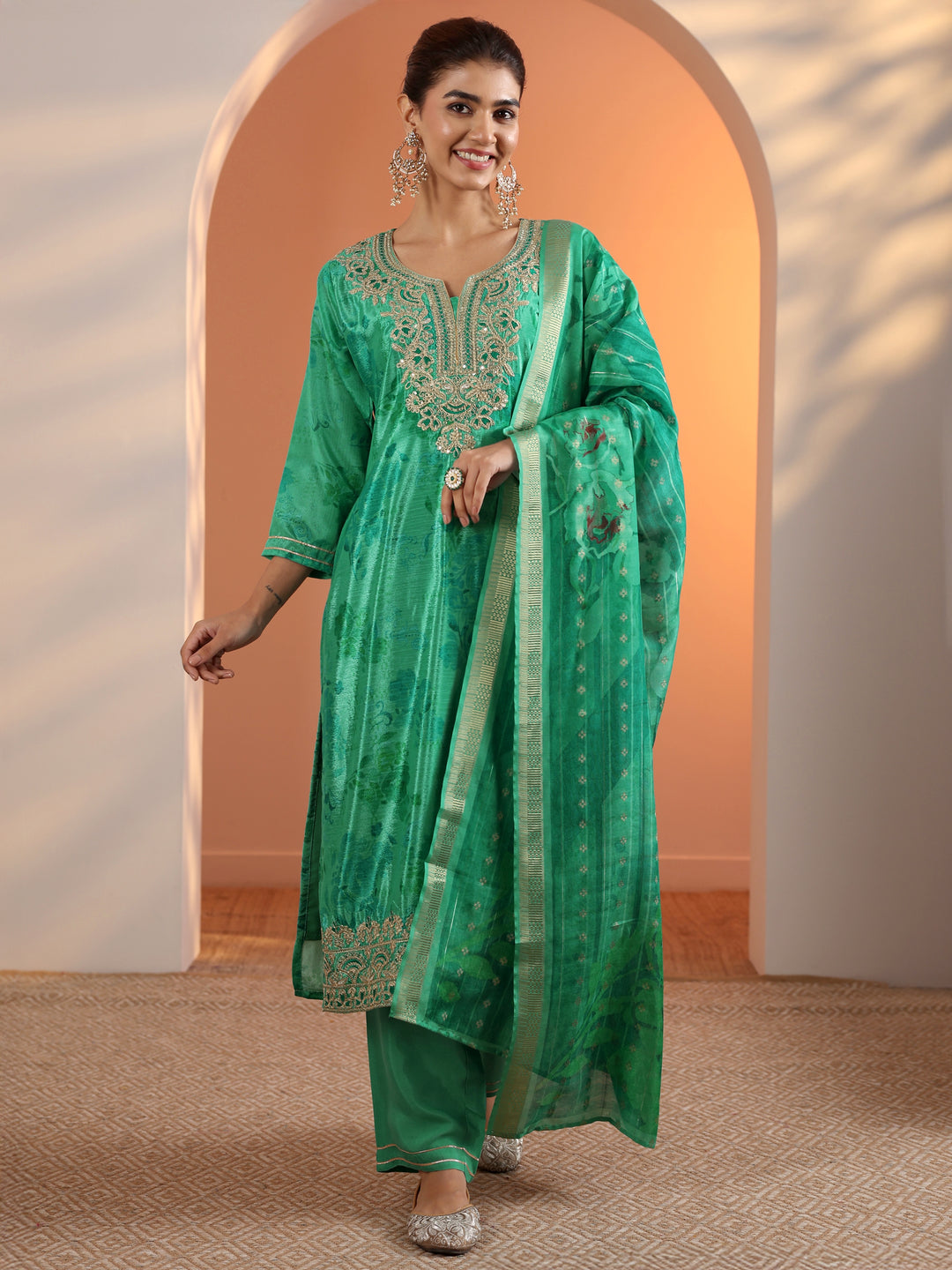  Green Printed Chinon Straight Suit Set With Dupatta 