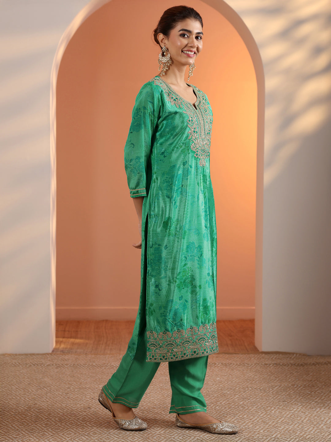  Green Printed Chinon Straight Suit Set With Dupatta 