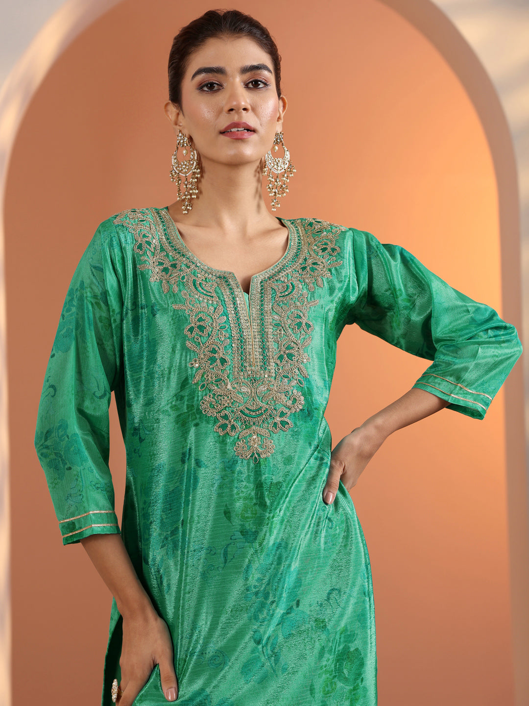  Green Printed Chinon Straight Suit Set With Dupatta 